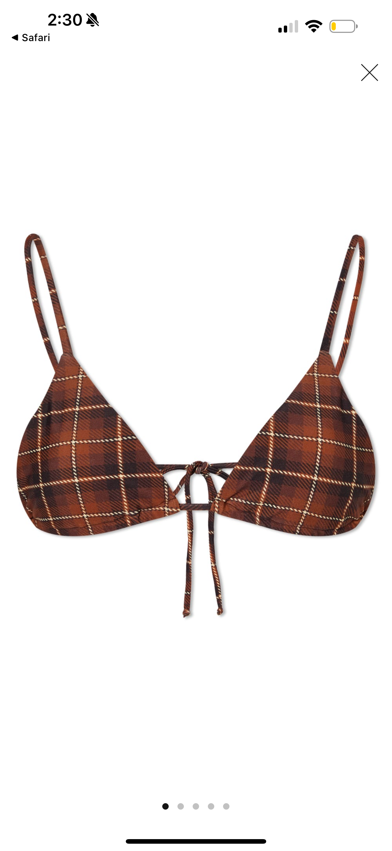 Miaou Itty Bitty Bikini Top String Triangle in Chocolate Plaid Brown Swim