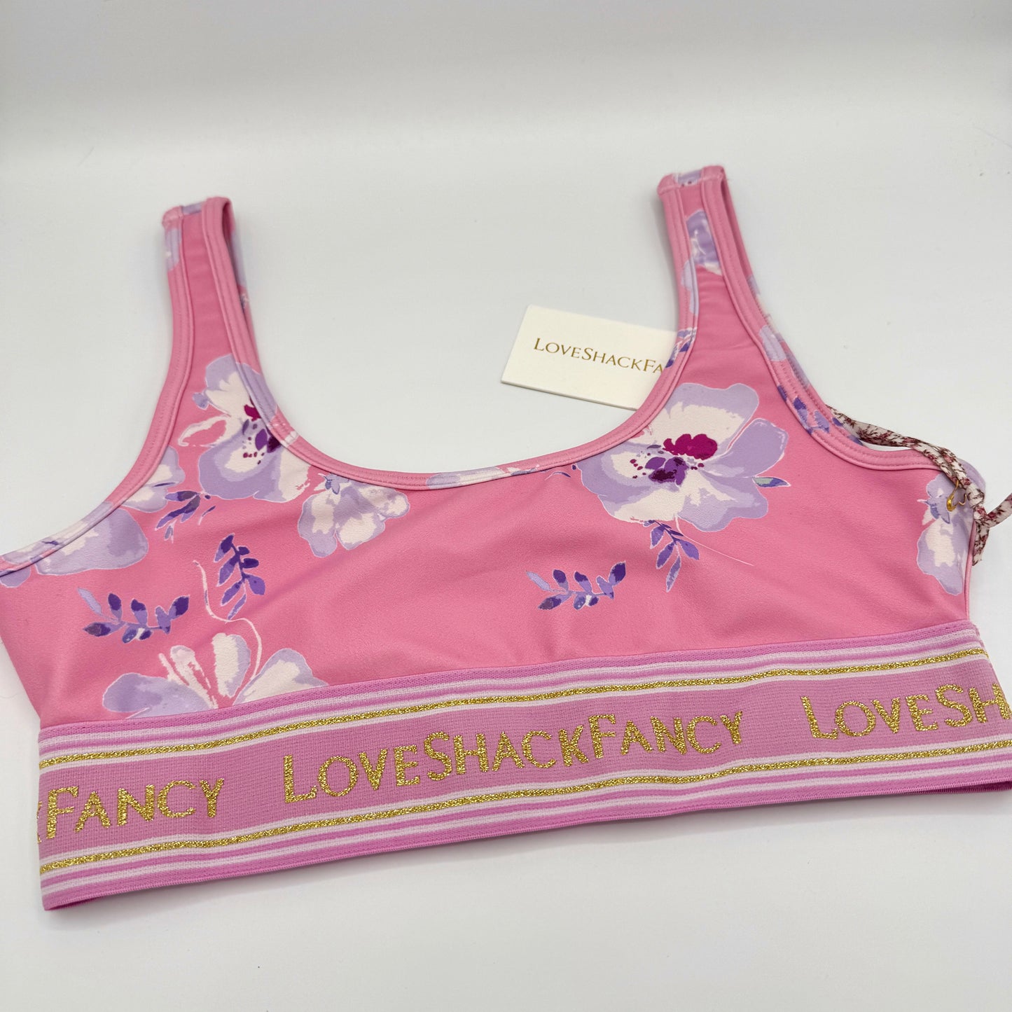 LoveShackFancy Ornice Sports Athletic Bra Light Pink Floral Gold Logo Flower