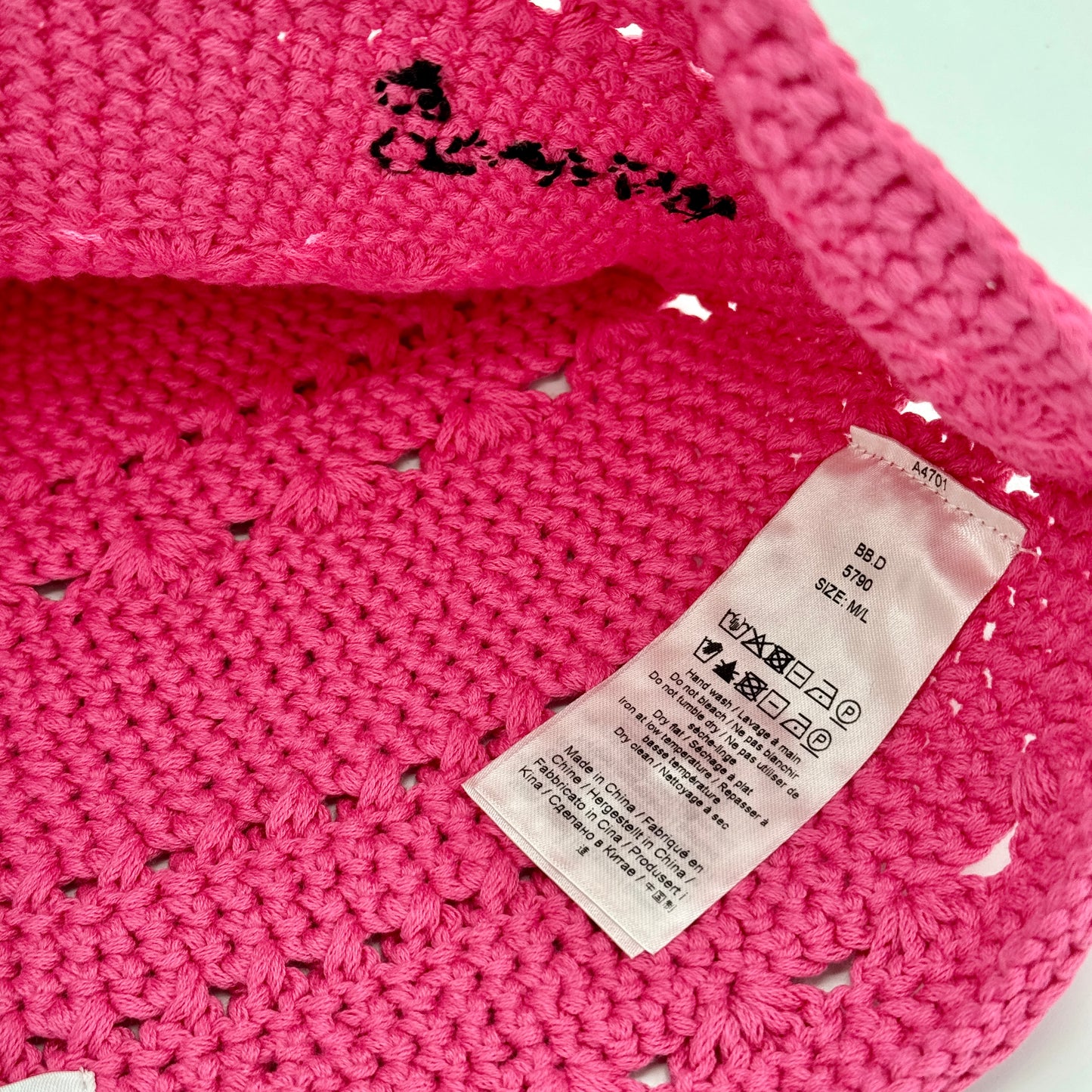 Ganni Crochet Knit Bucket Hat Shocking Pink Logo