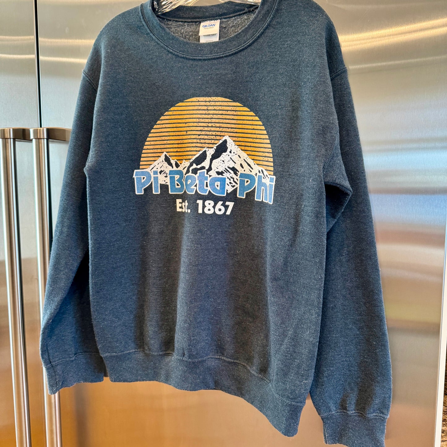 Pi Beta Phi 1867 Mountain Outdoors Sunrise Sorority Crewneck Sweatshirt Top Grey * Pre-owned