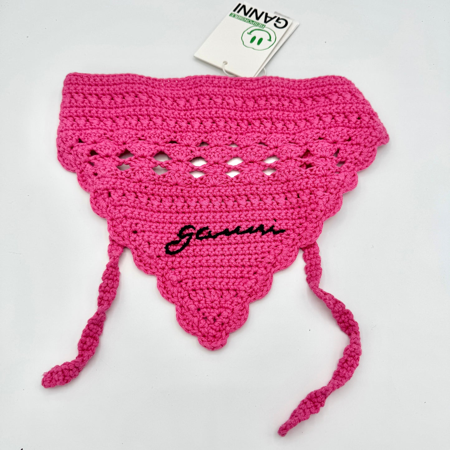 Ganni Pink Crochet Knit Bandana Shocking Pink Logo