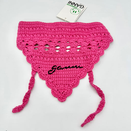 Ganni Pink Crochet Knit Bandana Shocking Pink Logo