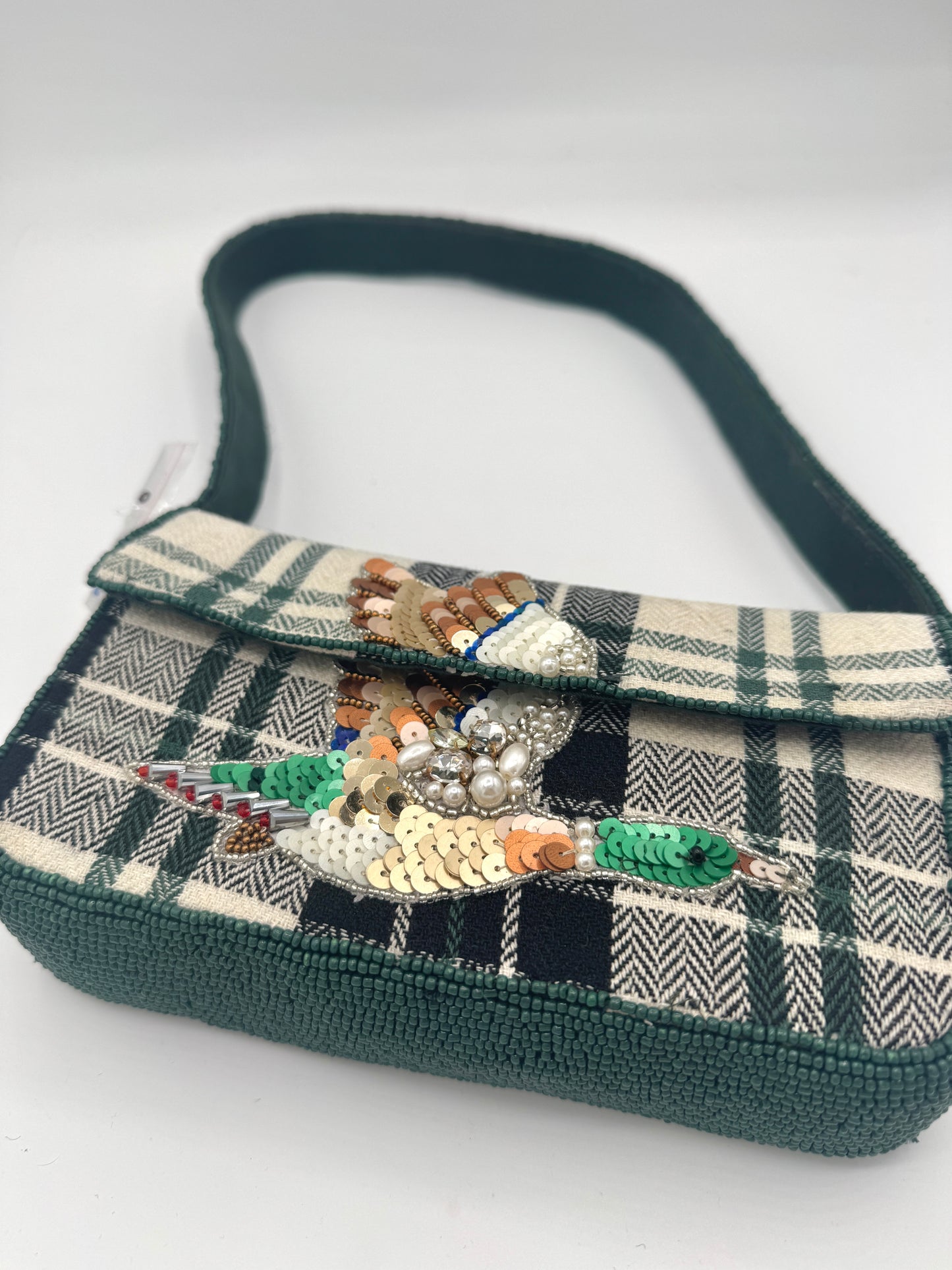 Anthropologie Green Plaid Flannel Fiona Beaded Bag Animal Edition Duck Purse