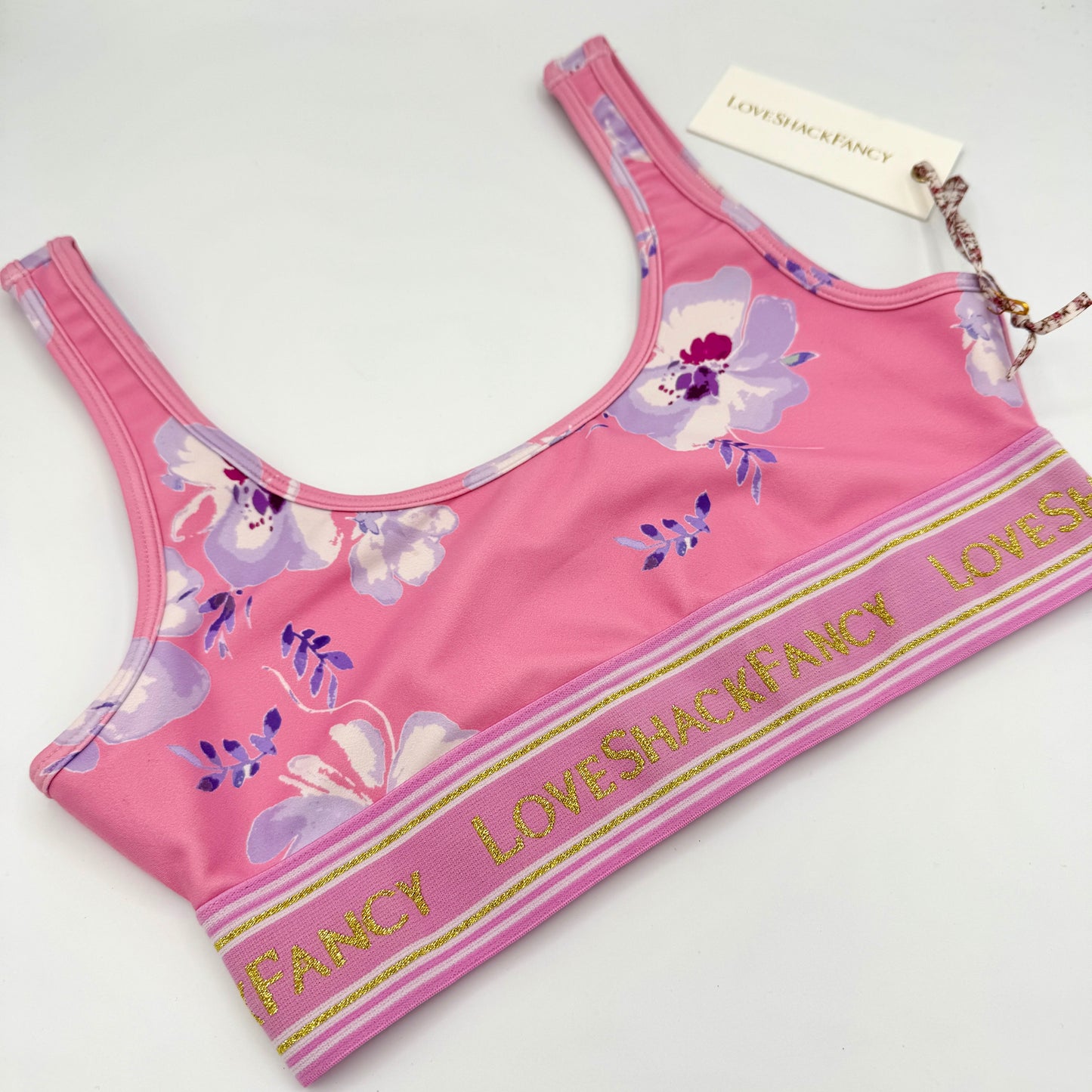 LoveShackFancy Ornice Sports Athletic Bra Light Pink Floral Gold Logo Flower