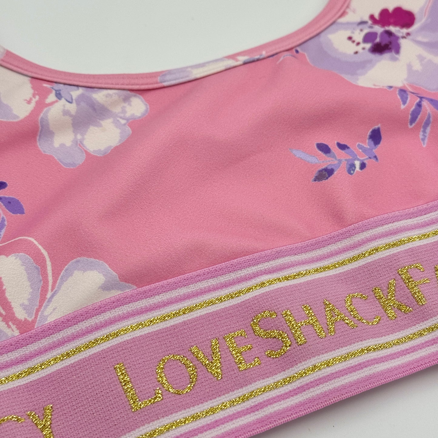 LoveShackFancy Ornice Sports Athletic Bra Light Pink Floral Gold Logo Flower