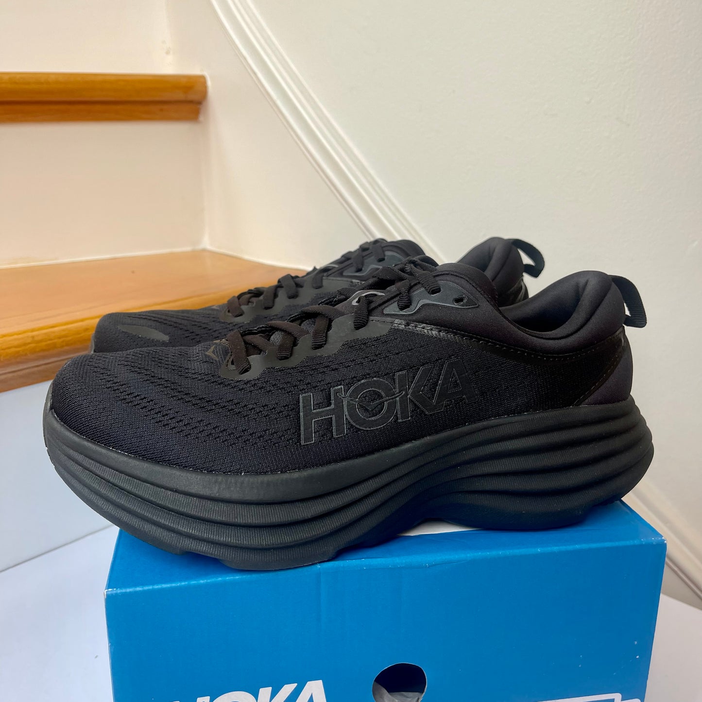 Hoka Bondi 8 Running Shoes in all black women’s / men’s BBLC running athletic shoe