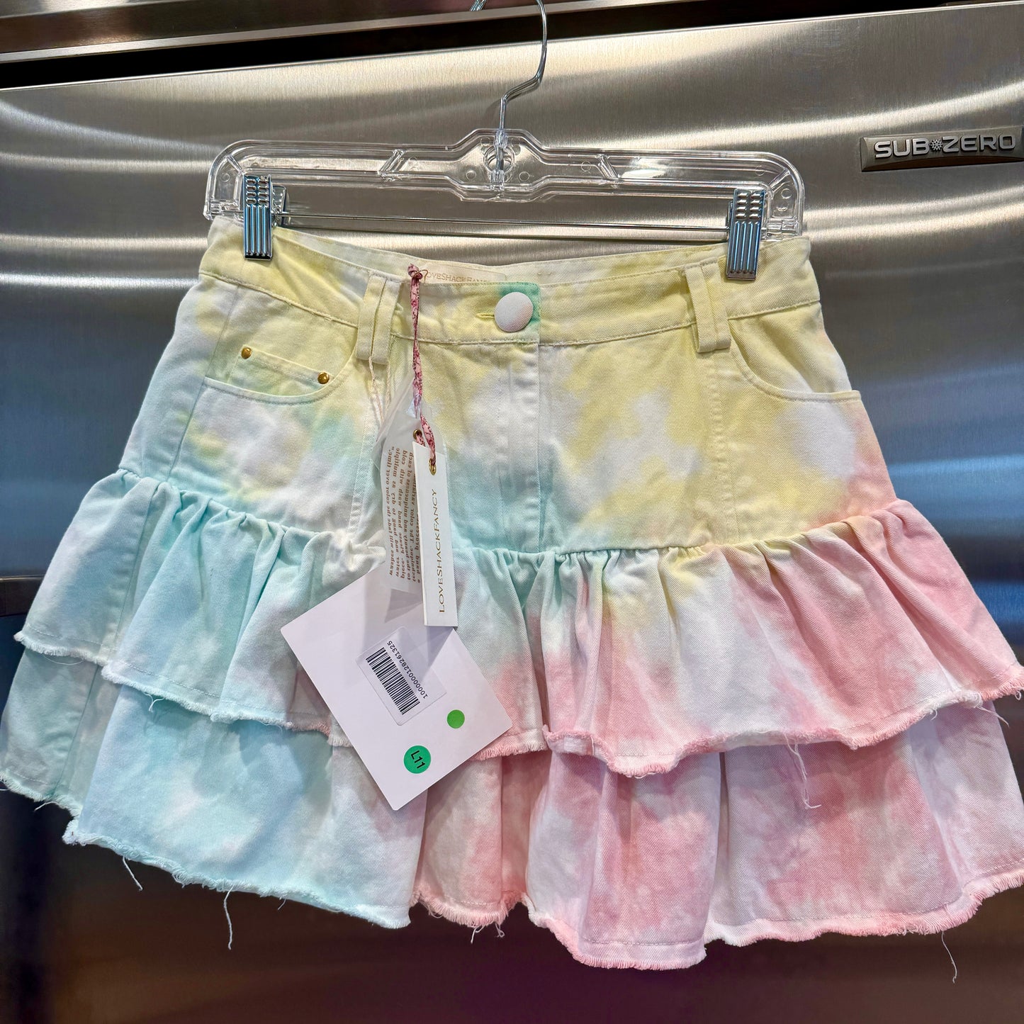 LoveShackFancy Landen Mini Skirt Multicolor Tiedye Tiered Ruffle Radial Dial