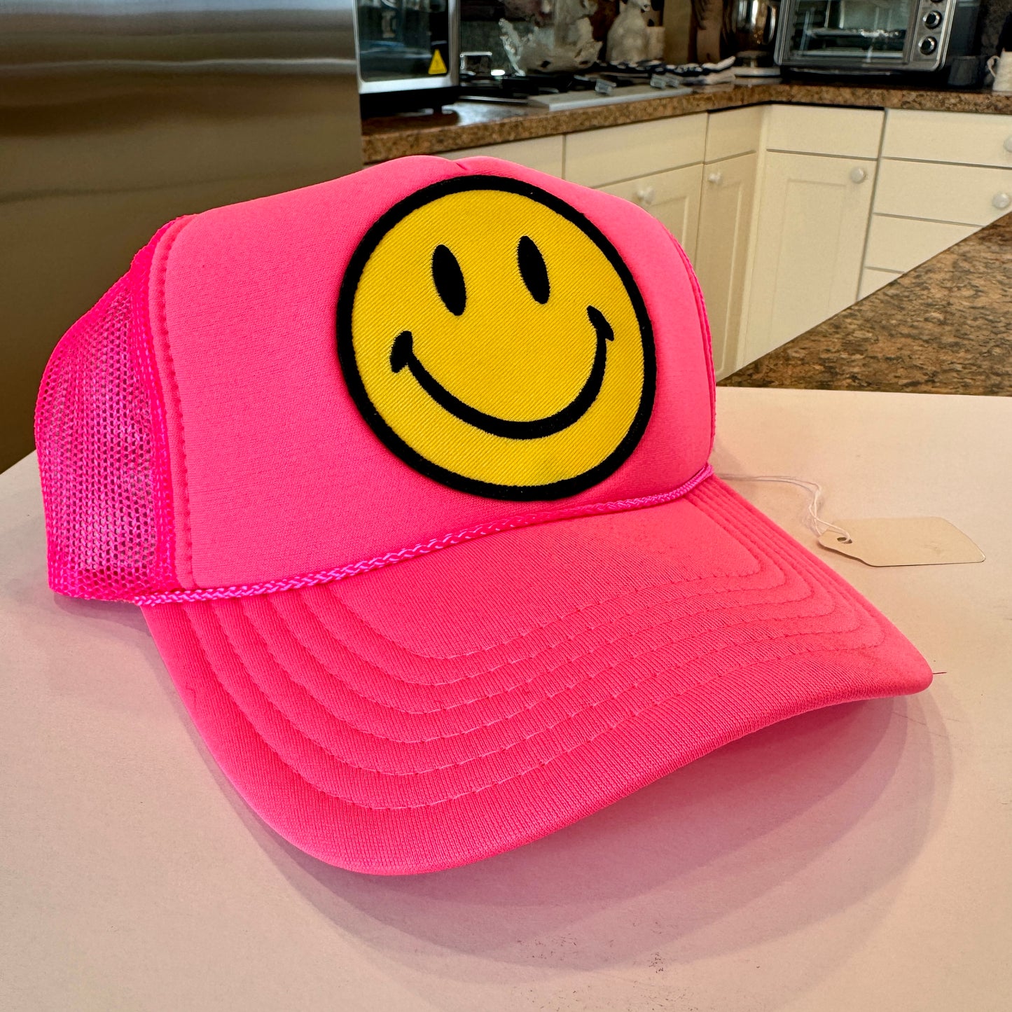 Aviator Nation Pink Trucker Hat Smiley Face embroidered patch smile Neon