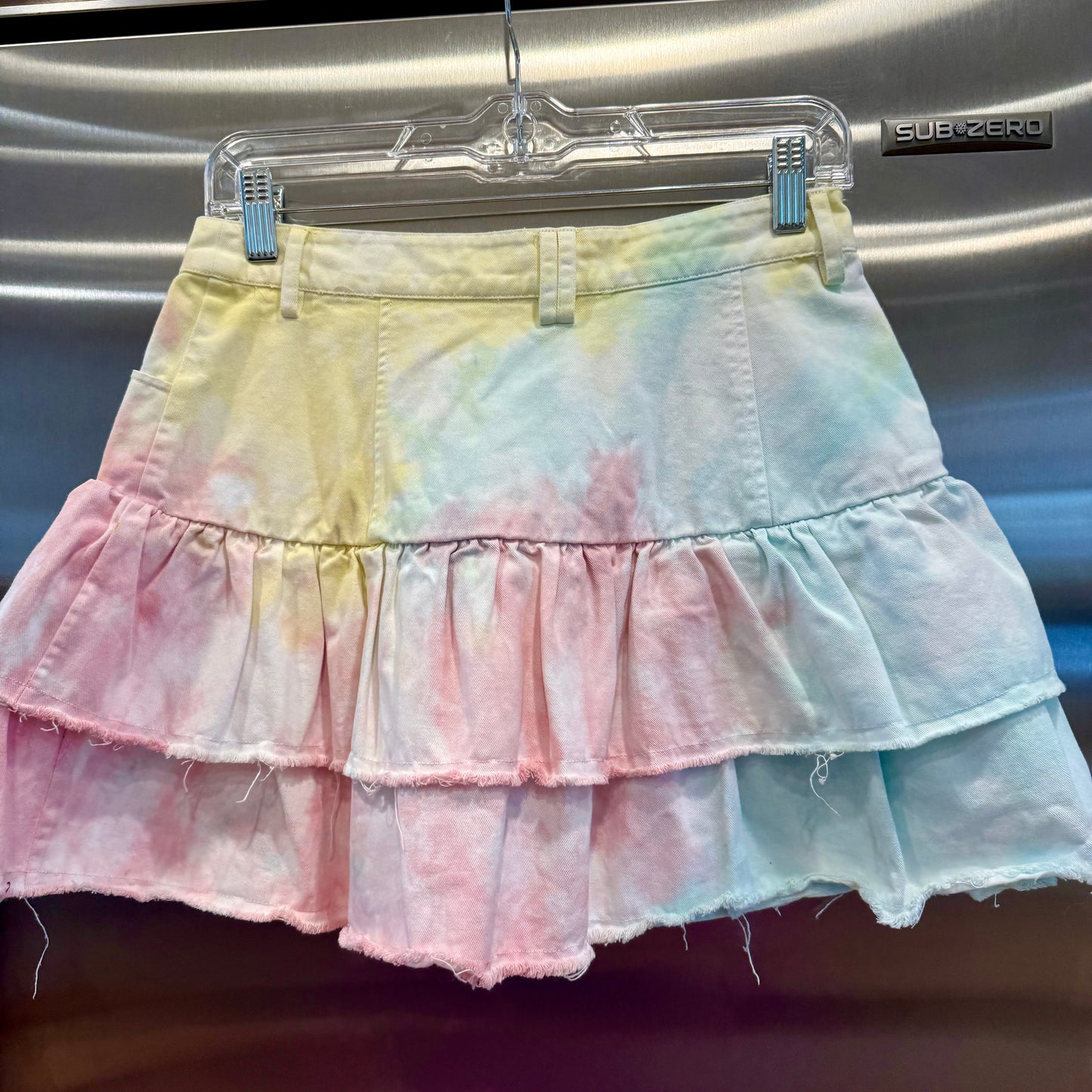 LoveShackFancy Landen Mini Skirt Multicolor Tiedye Tiered Ruffle Radial Dial