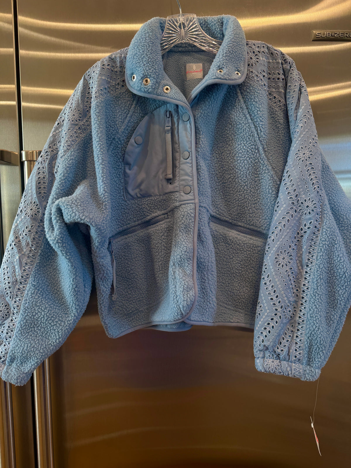 Free People Hit The Slopes Eyelet Fleece Jacket - Denim Rinse Blue