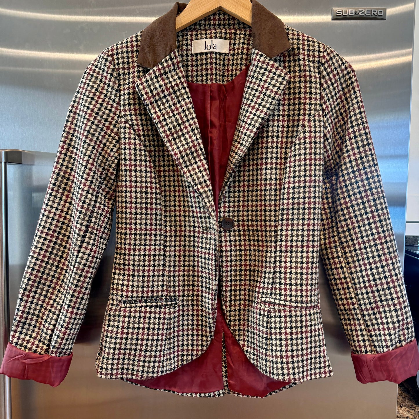 Lola Houndstooth Vintage Blazer Collared Jacket with Brown Maroon black tan fitted * Pre-owned