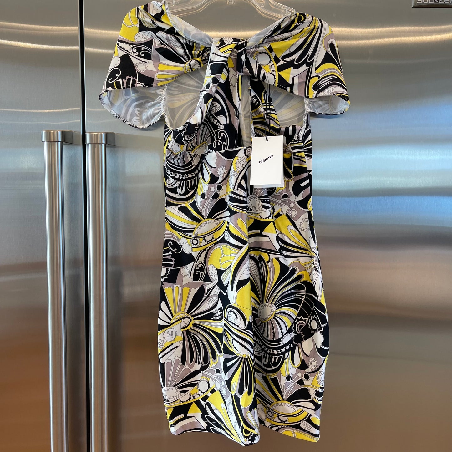 Coperni Cutout Twist Mini Dress in Yellow Black white abstract print