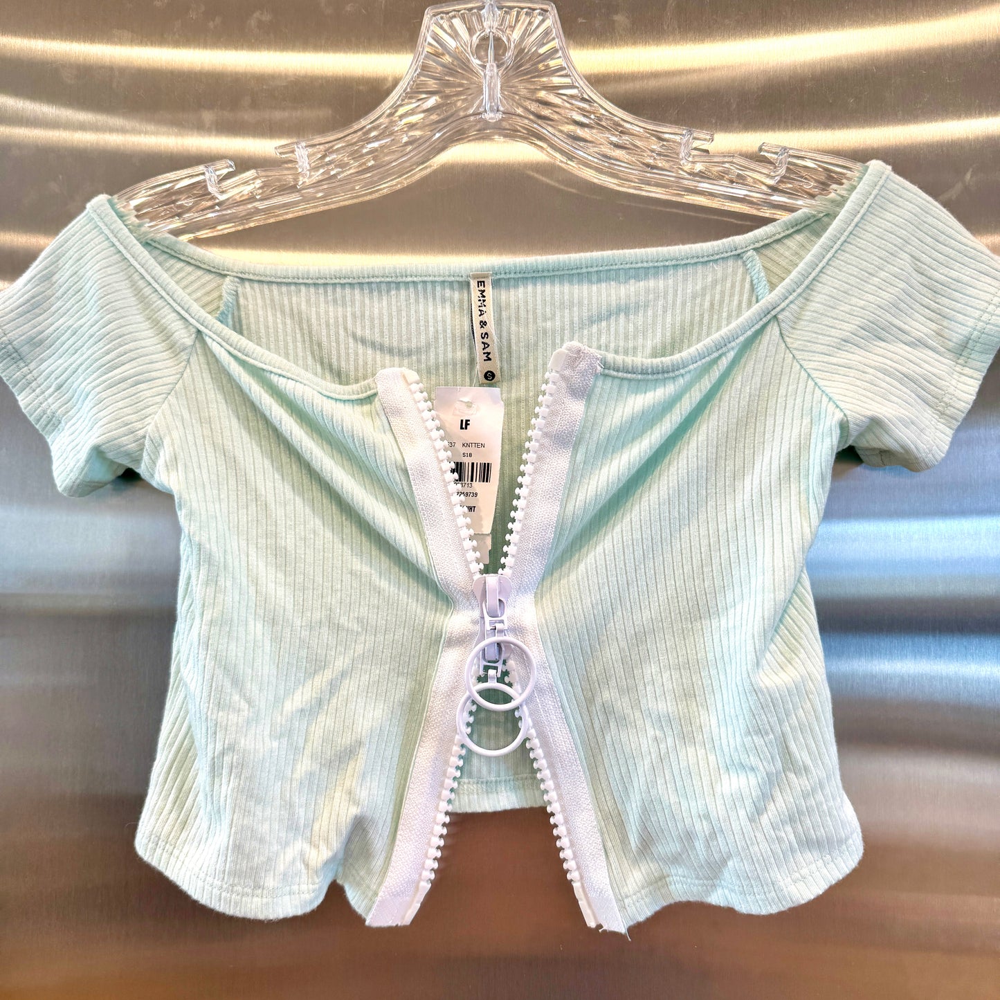 LF Emma and Sam Mint Light Pastel Green Ribbed Crop Top with white zipper