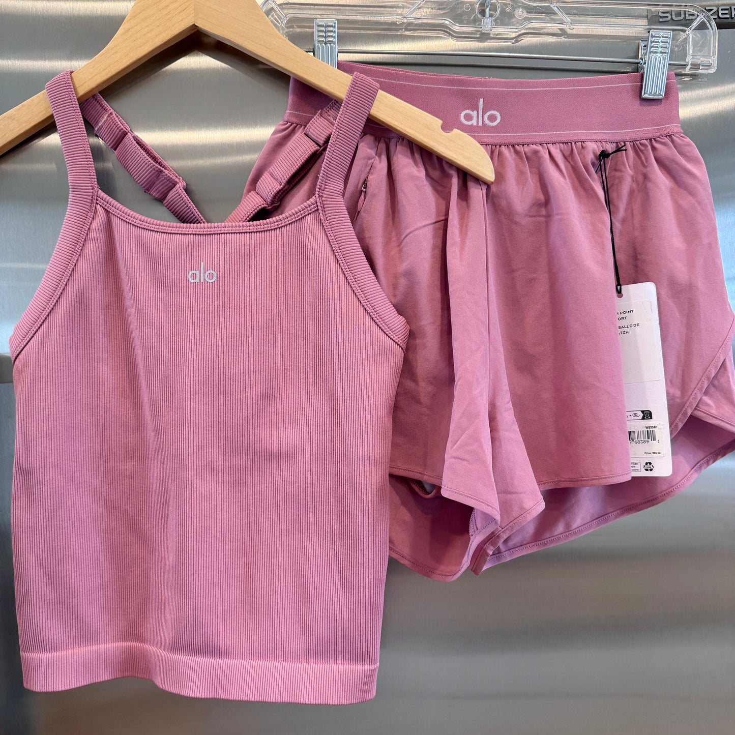 Alo Matching Set- Match Point Shorts and Seamless Ribbed Favorite Full Length Bra Tank Top in Pink Wild Rose