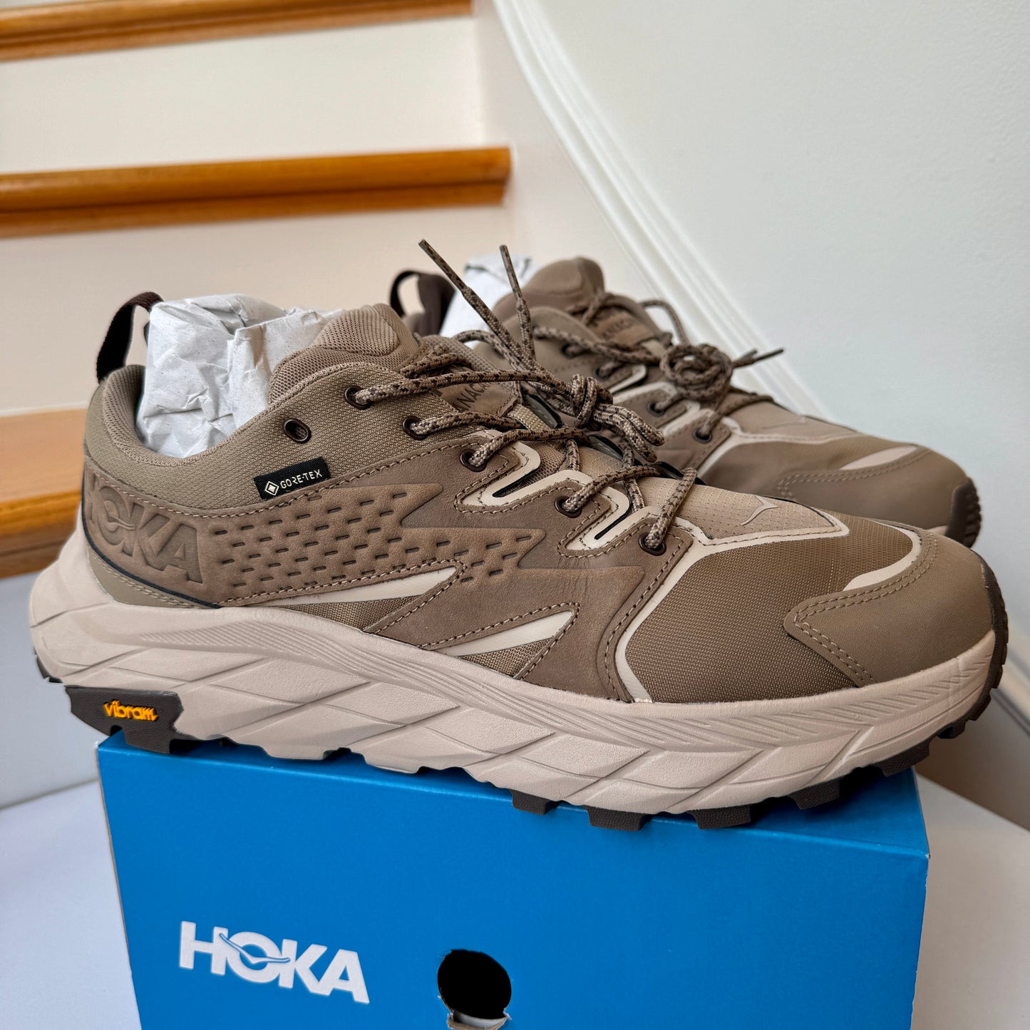 Hoka Anacapa Low GTX Hiking Shoes in Dune Oxford Tan Brown Gore Tex Boots