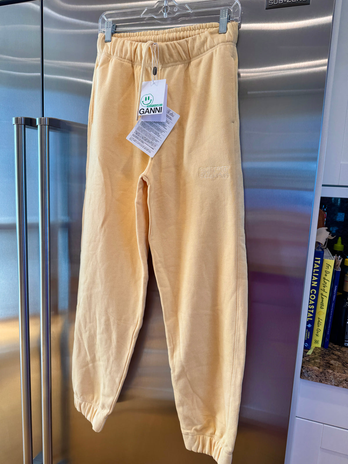 Ganni Isoli Sweatpants in Yellow French Terry Cotton with embroidered logo