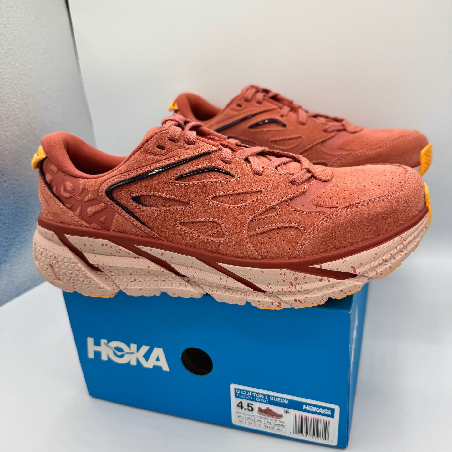 Hoka Clifton L Suede in Earthenware/ Hot Sauce Red Unisex Leather Sneakers