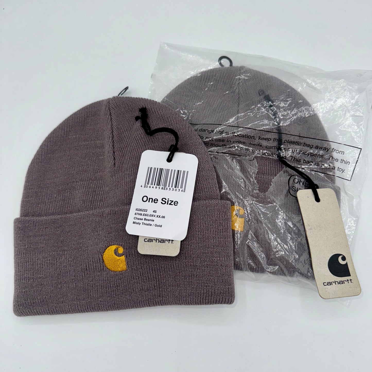 Carhartt BUNDLE of 2x Chase Beanie Misty Thistle Gold Logo Embroidery Hats