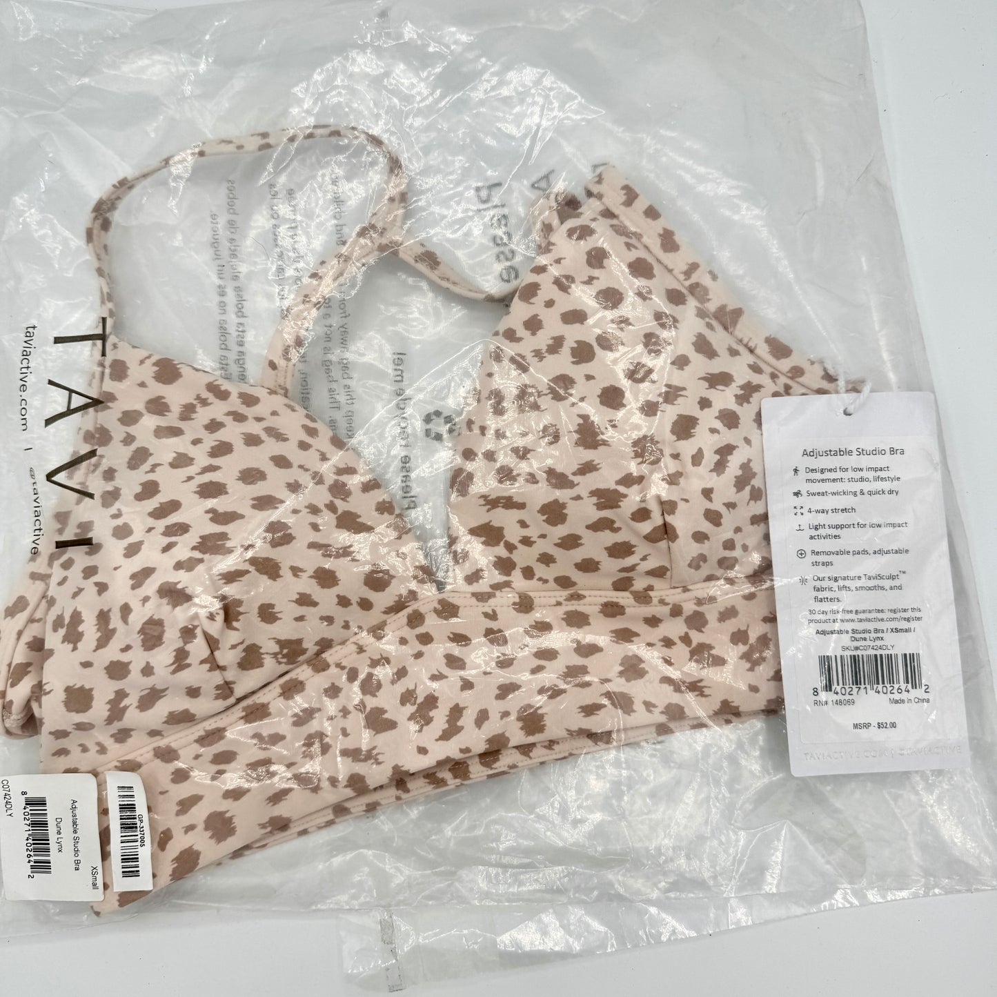 Tavi Adjustable Studio Sport Bra in Dune Lynx Cream Cheetah Print Yoga Top