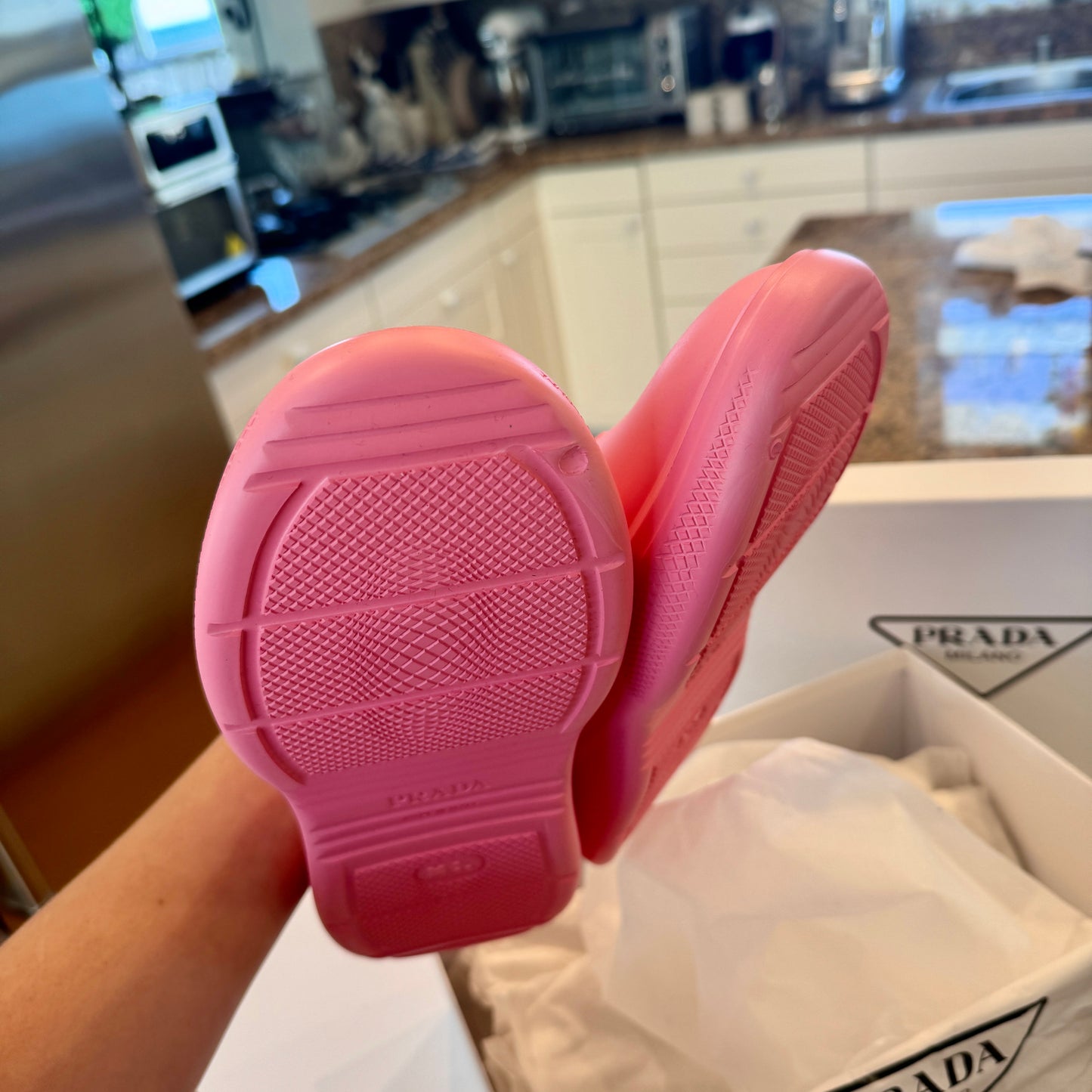 Prada Mellow Cut Out Slides Mules Womens Logo in Pink Begonia