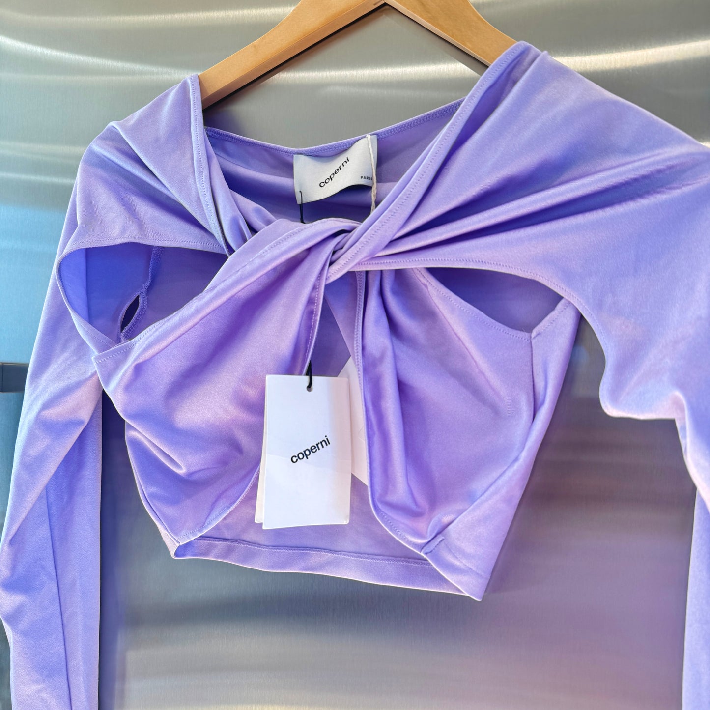 Coperni Lilac Light Purple Twist Cutout Cropped Draped Top Long Sleeve Crop