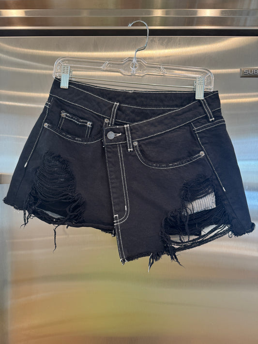 Carmar LF Asymmetrical Black Denim Mini Skirt Distressed Jean Skirt * Pre-Owned *