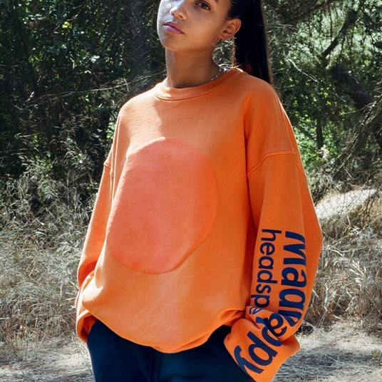 MadHappy Headspace Heritage Universal Crewneck Sweatshirt in Orange with navy raised logo