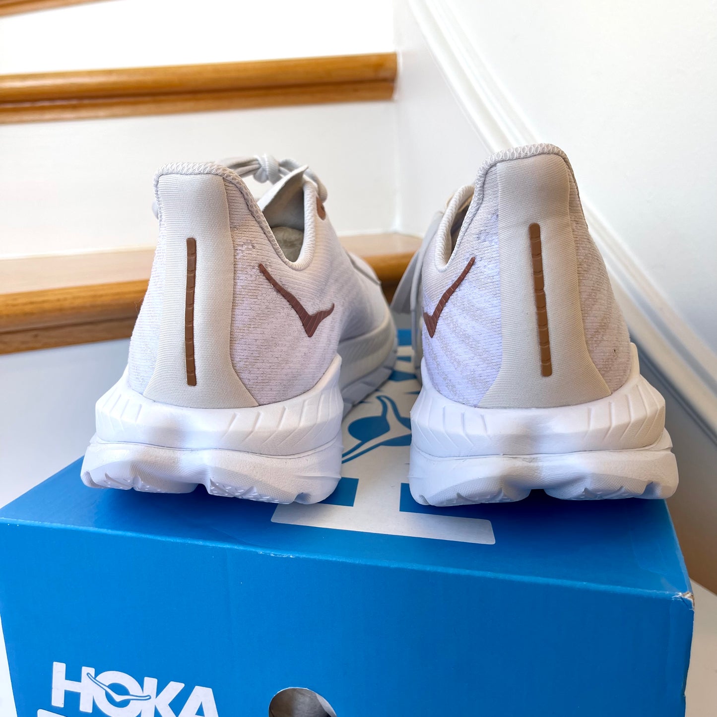 Hoka Mach 5 Running Shoes in White / Copper , Hoka One One race shoes