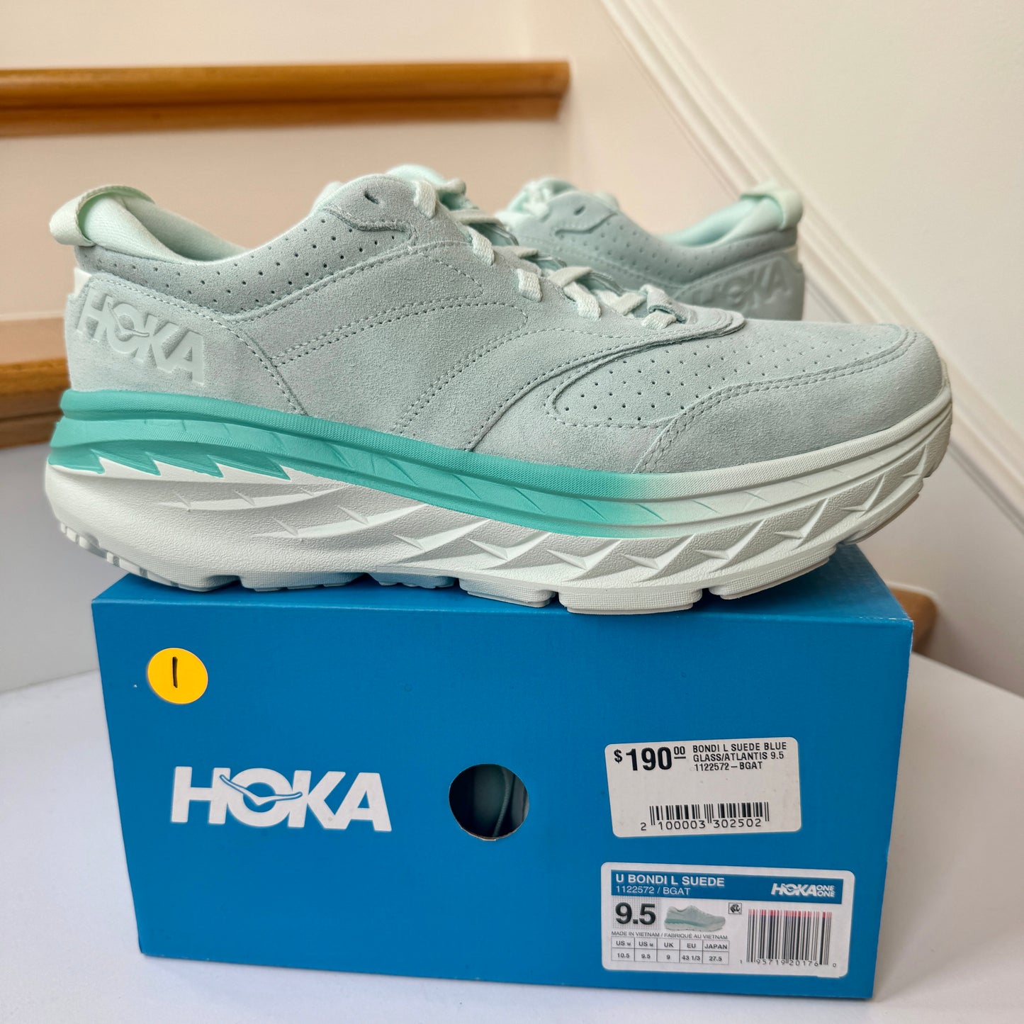 Hoka Bondi L SUEDE Leather U Unisex , Blue Glass / Atlantis Cushioned Shoes