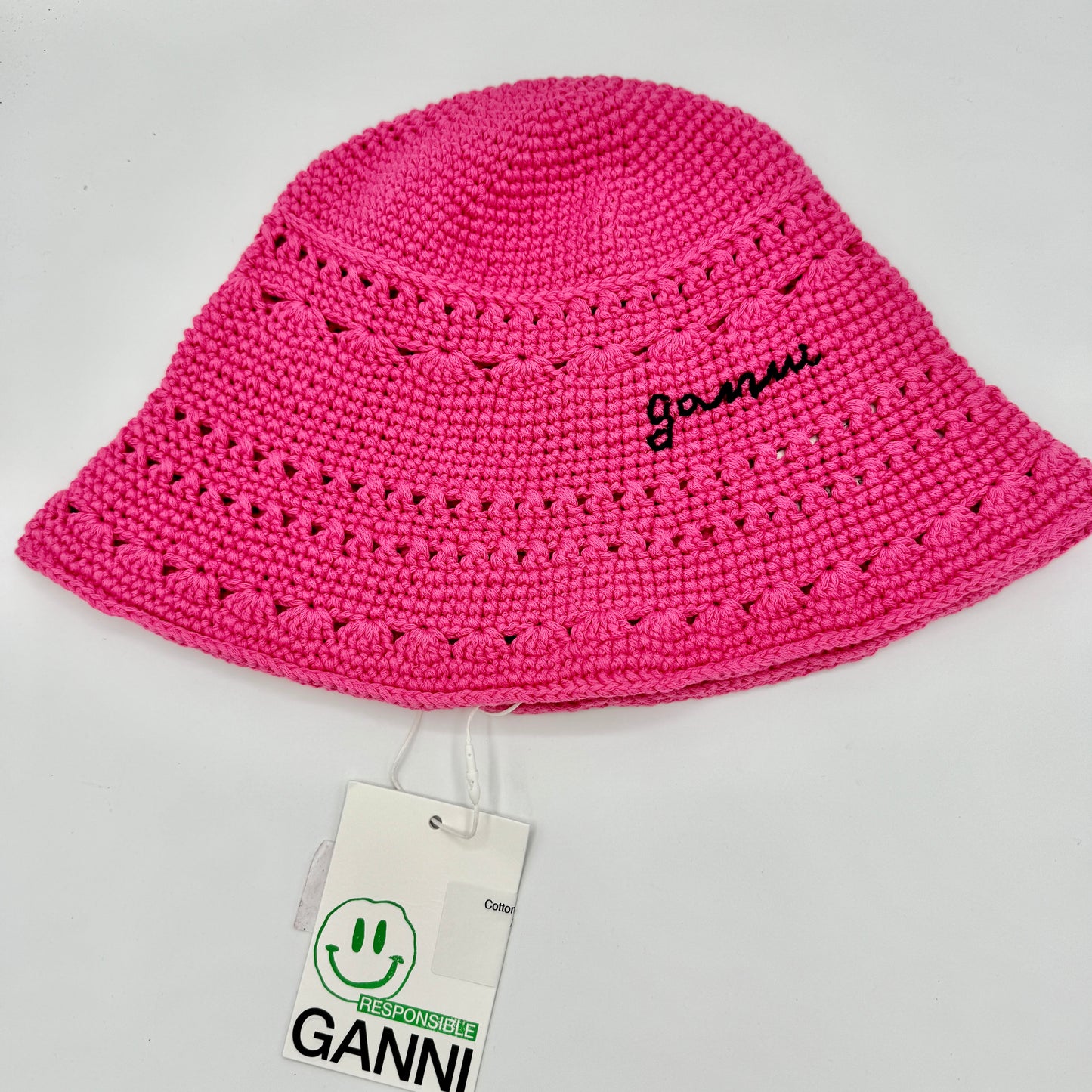 Ganni Crochet Knit Bucket Hat Shocking Pink Logo
