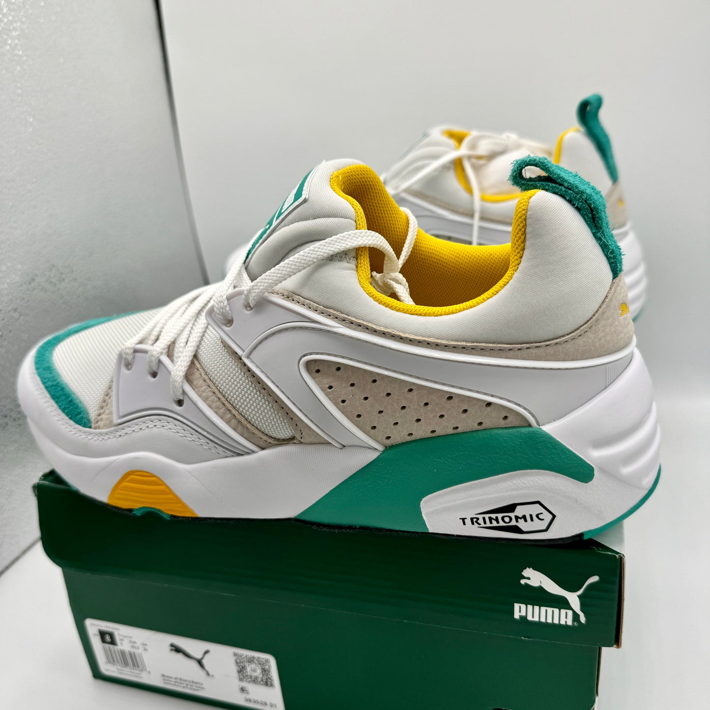 Puma Blaze of Glory Retro white Sneakers Leather shoes teal accents NEW