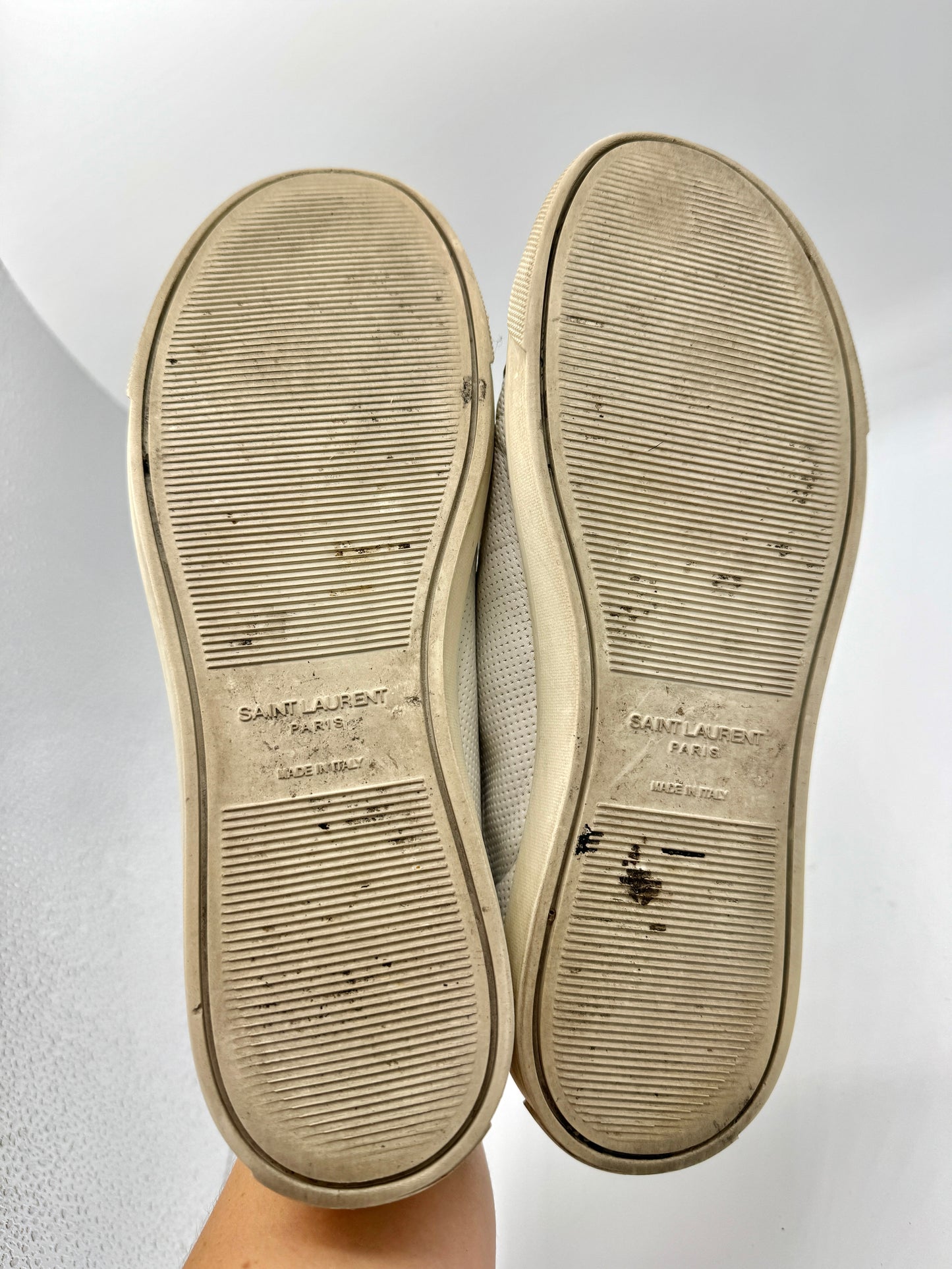 Saint Laurent Pre-Owned Perforated Andy leather sneakers in white with leopard trim