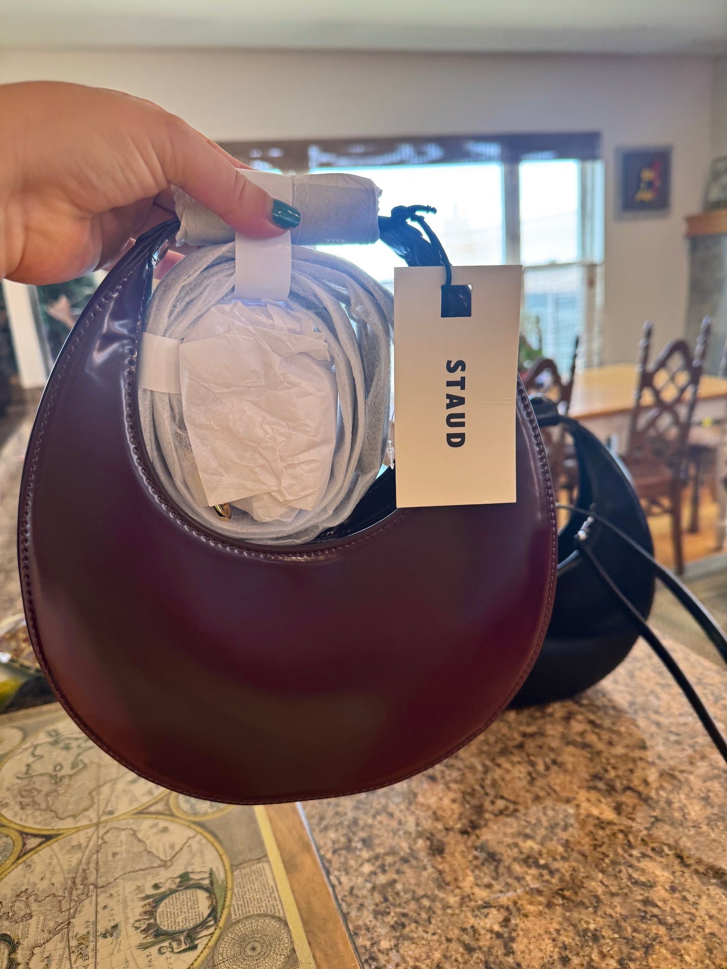 Staud Mini Moon Purse in Syrah Burgundy Leather, Crossbody Bag