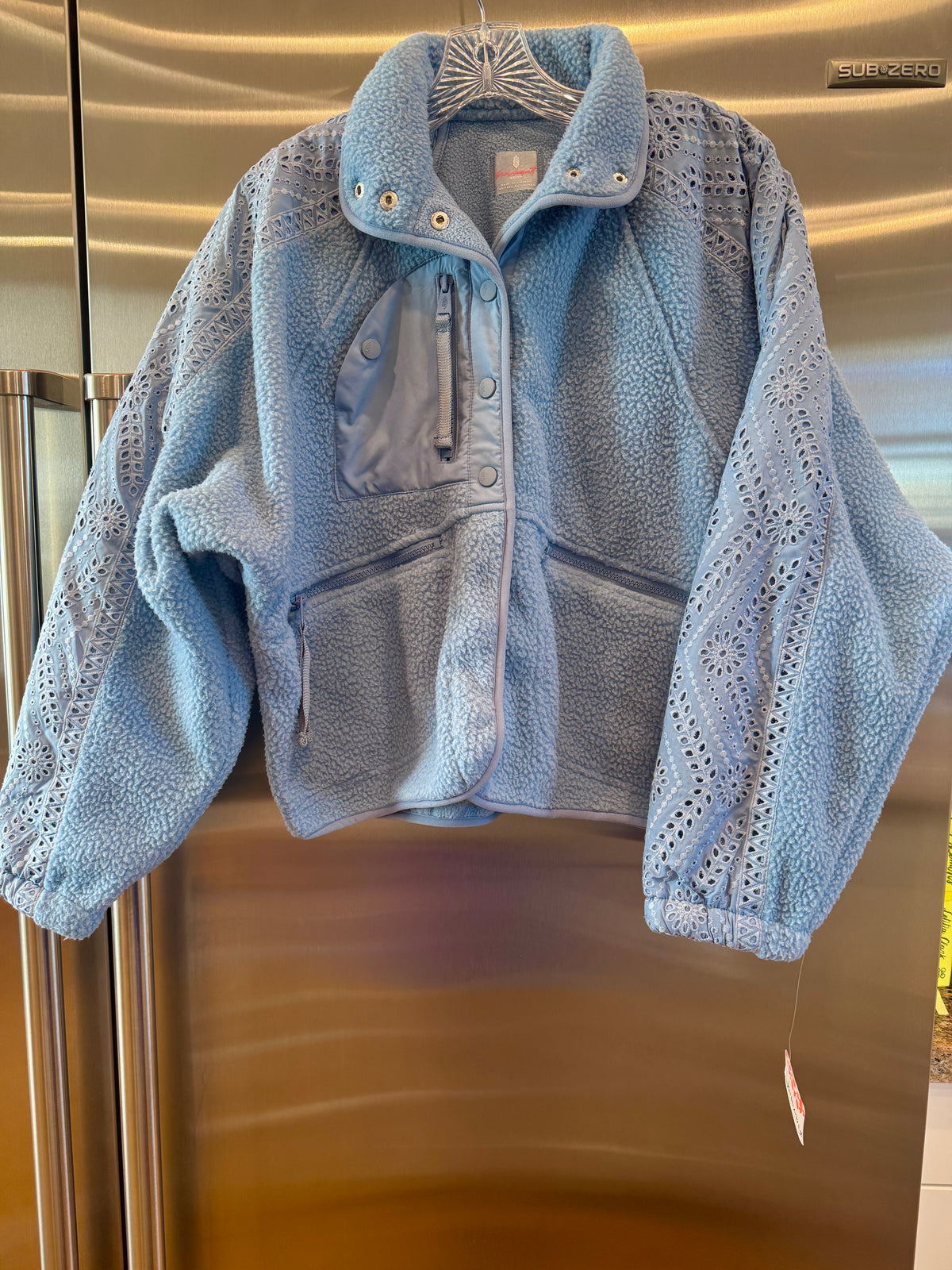 Free People Hit The Slopes Eyelet Fleece Jacket - Denim Rinse Blue