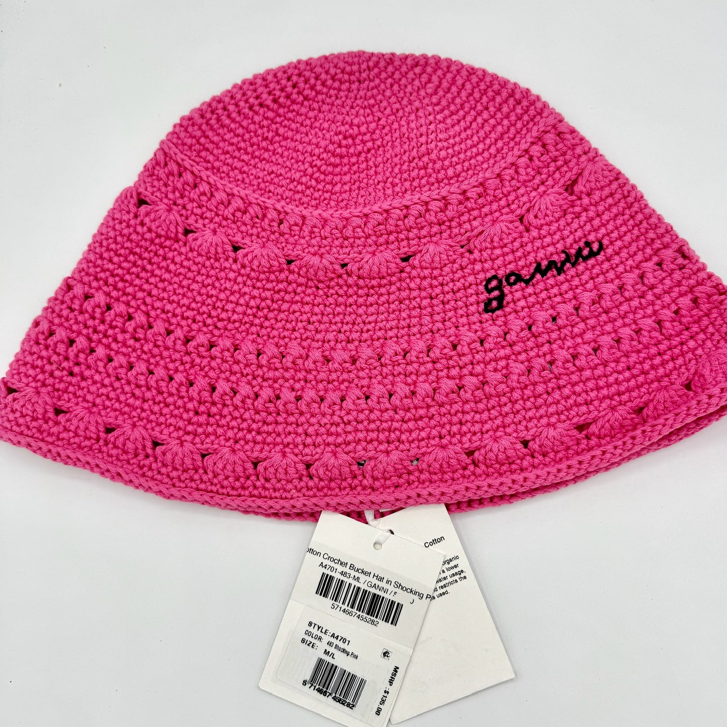 Ganni Crochet Knit Bucket Hat Shocking Pink Logo