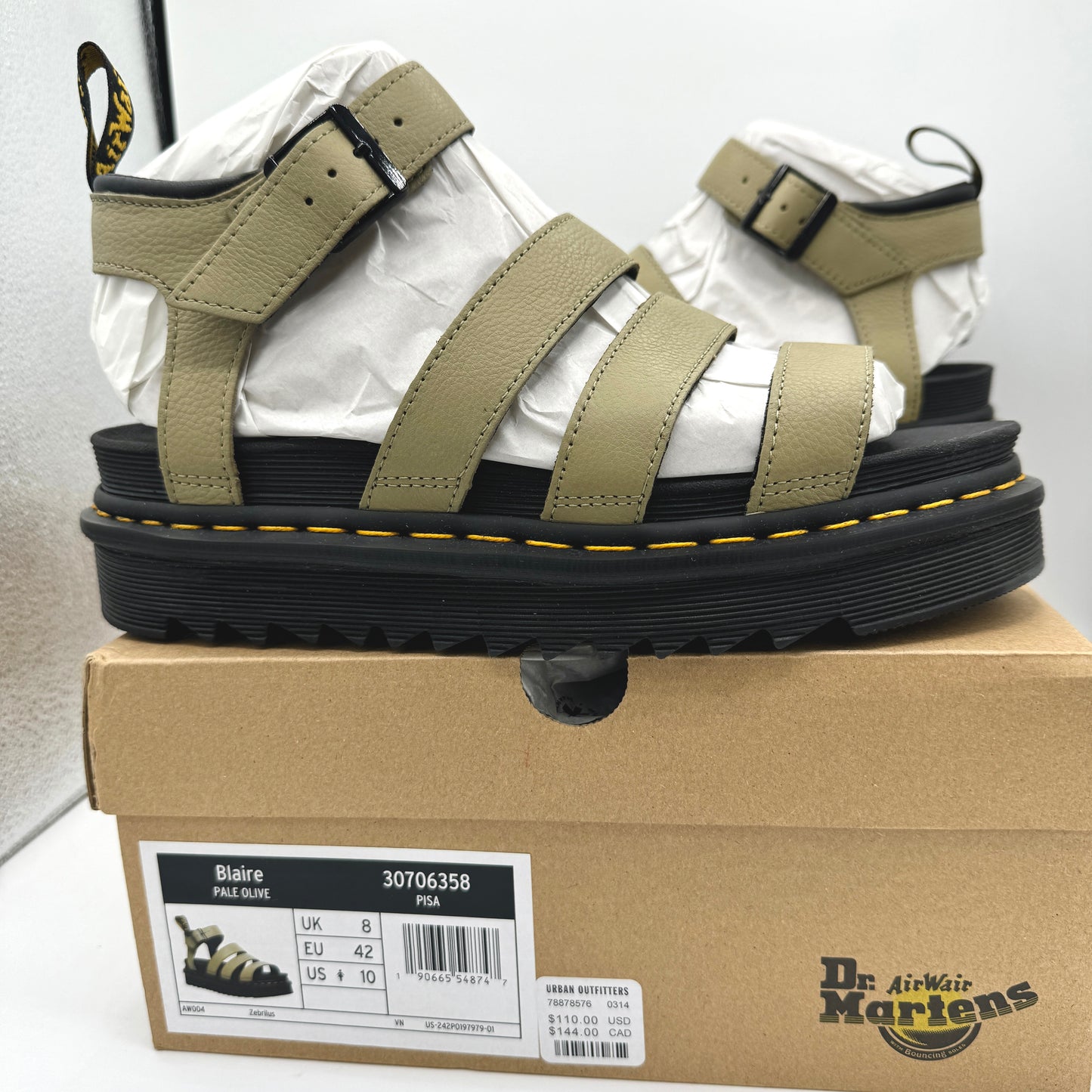 Dr. Martens Blaire Hydro Leather Platform Strappy Sandals in Pisa Pale Olive