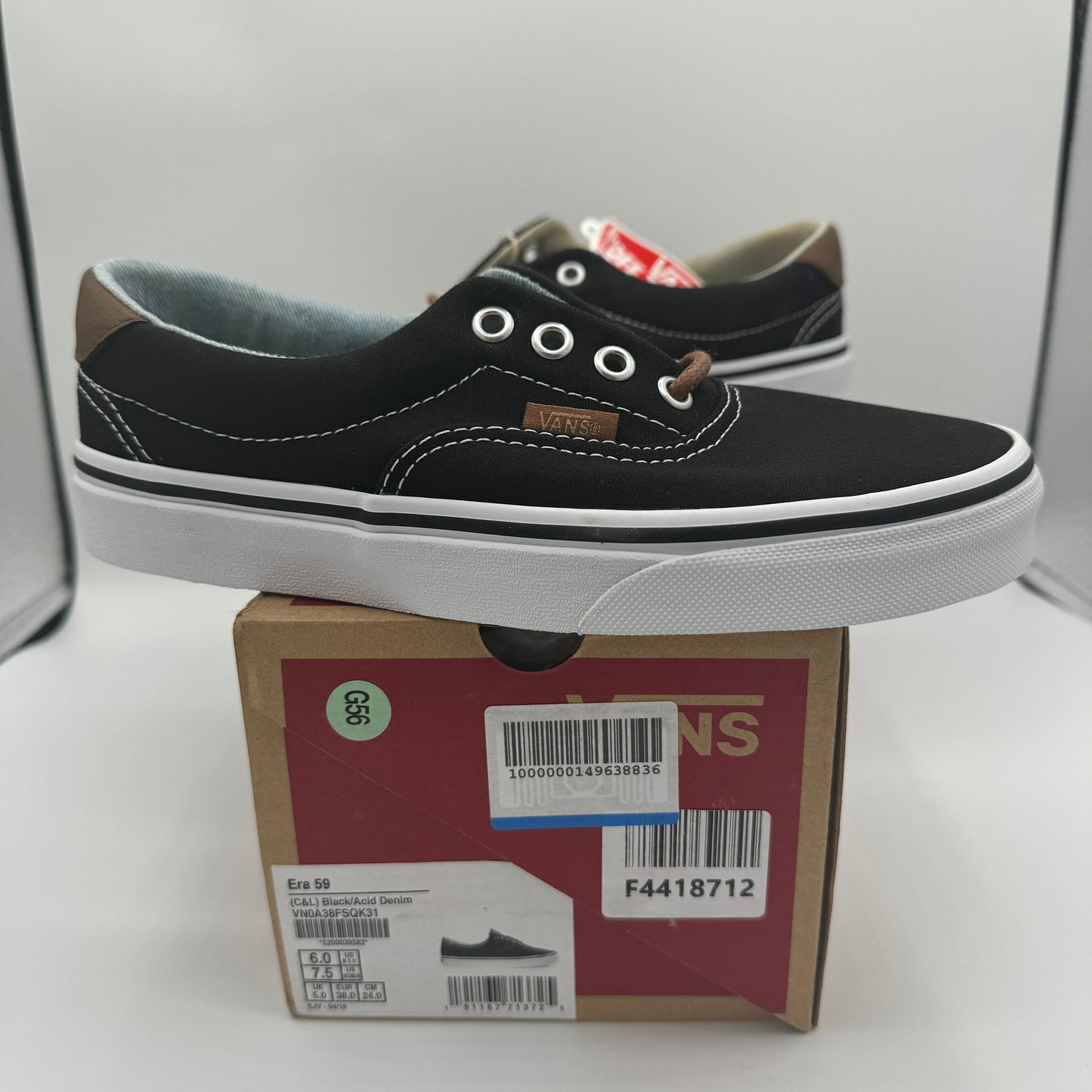 Vans Classic Era 59 Sneakers in Black C & L Acid Denim Brown Leather Trim