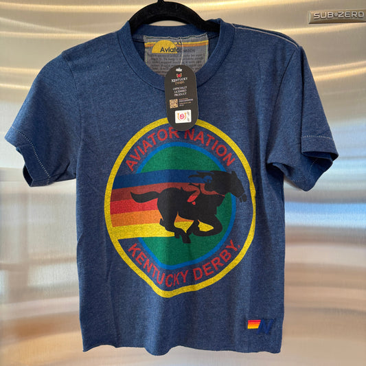 Aviator Nation Kentucky Derby 2025 Boyfriend Cropped Tee Shirt in Navy Blue