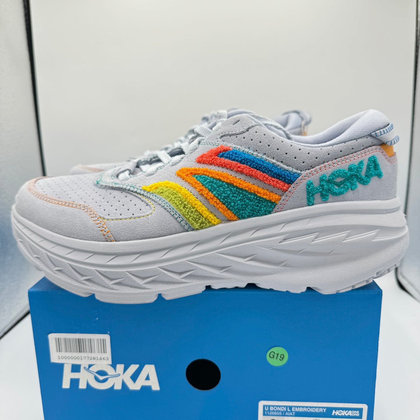 Hoka Bondi Leather Embroidery Sneakers Unisex Arctic Ice Grey Shoes