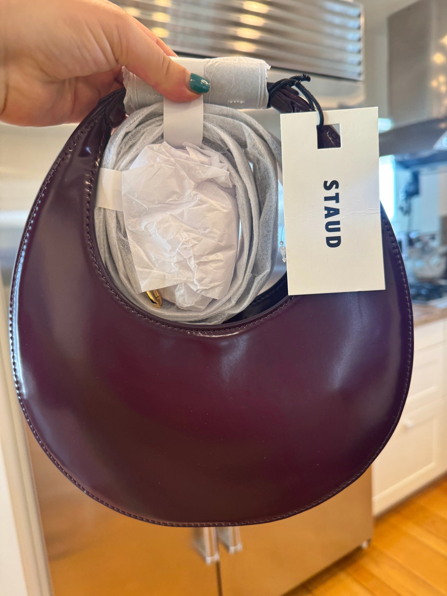 Staud Mini Moon Purse in Syrah Burgundy Leather, Crossbody Bag