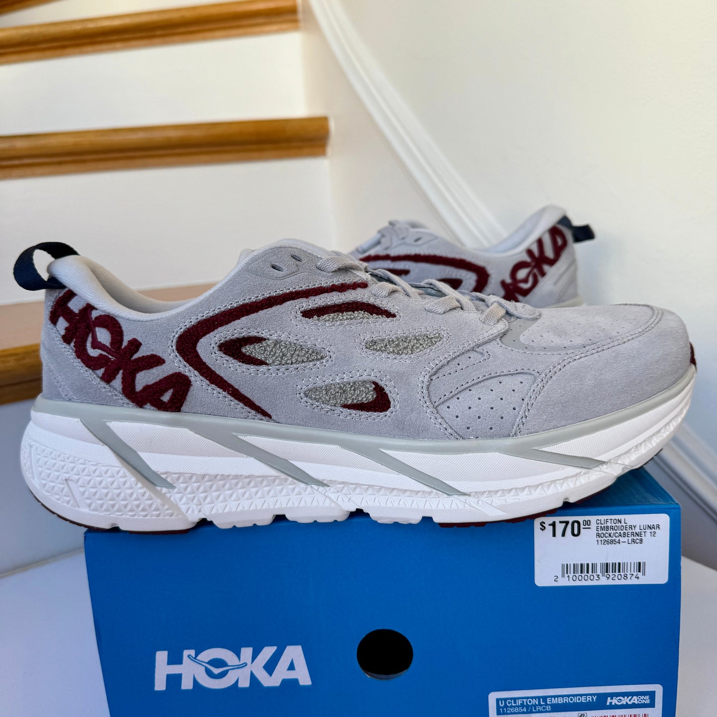 Hoka Clifton Suede Embroidery L Leather Unisex  Grey / Maroon Red Lunar rock Cabernet