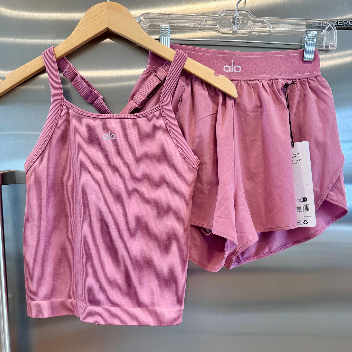 Alo Matching Set- Match Point Shorts and Seamless Ribbed Favorite Full Length Bra Tank Top in Pink Wild Rose