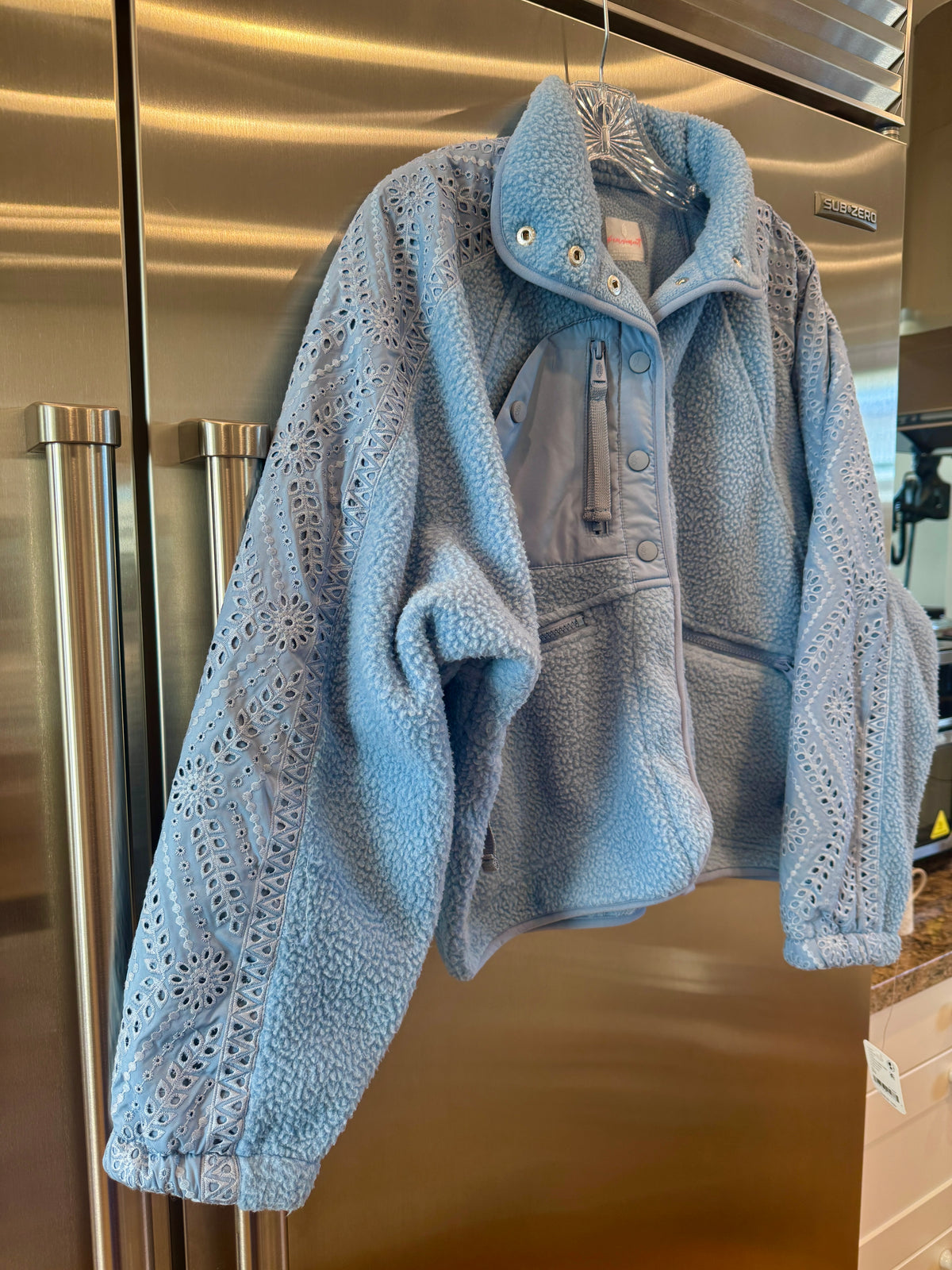 Free People Hit The Slopes Eyelet Fleece Jacket - Denim Rinse Blue