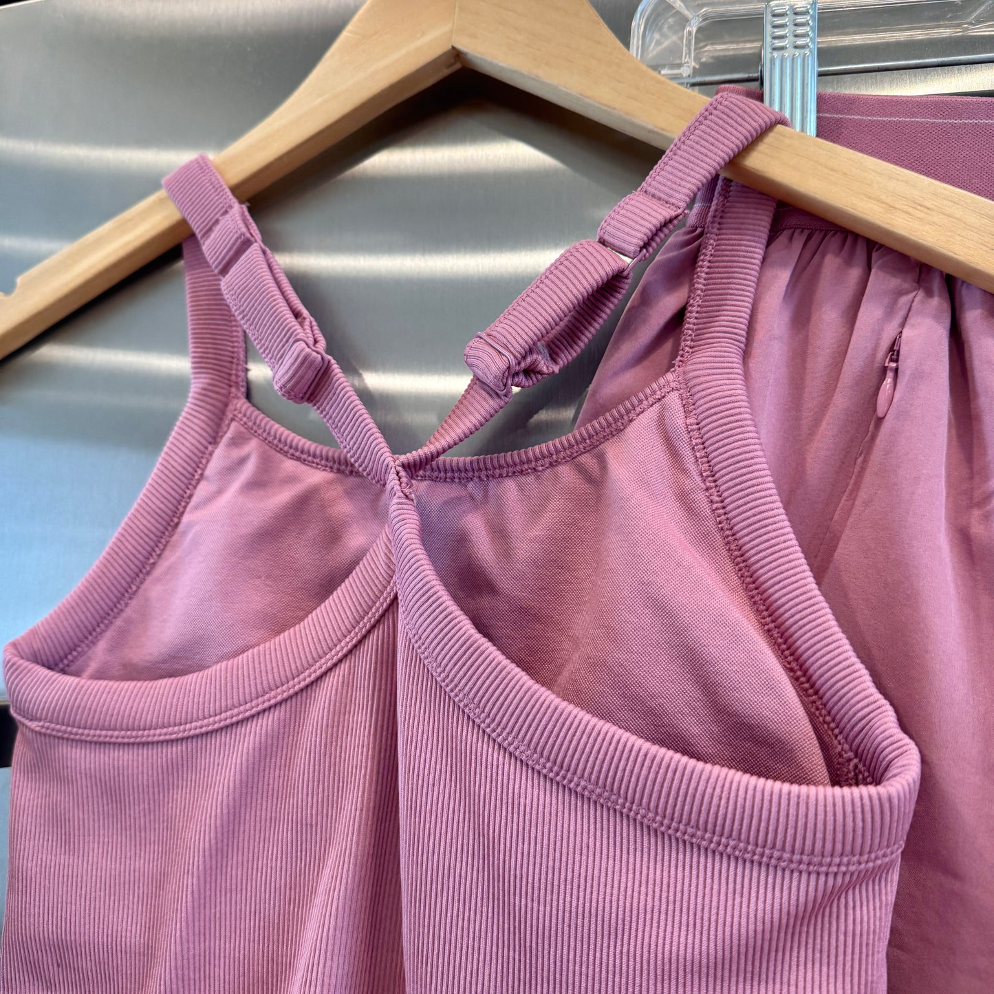Alo Matching Set- Match Point Shorts and Seamless Ribbed Favorite Full Length Bra Tank Top in Pink Wild Rose