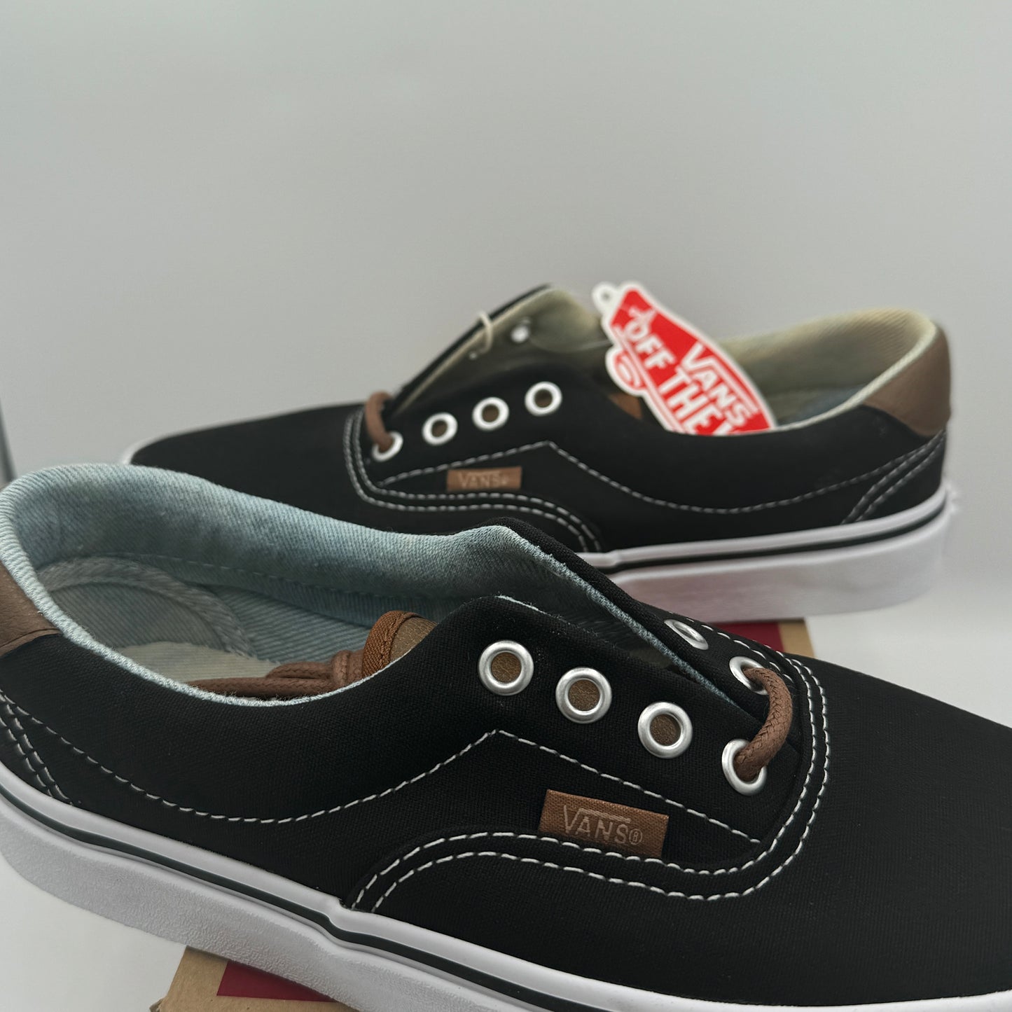 Vans Classic Era 59 Sneakers in Black C & L Acid Denim Brown Leather Trim