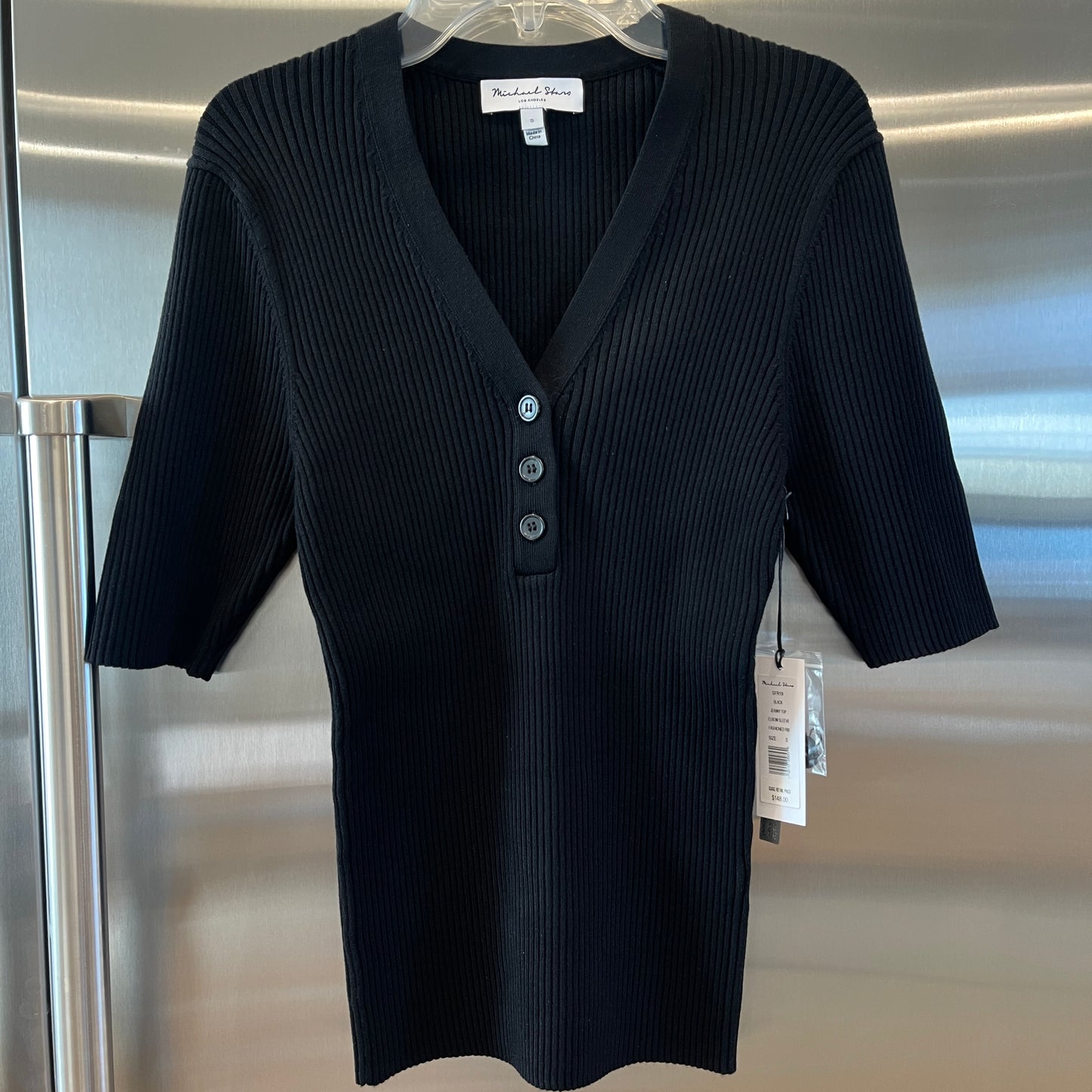 Michael Stars Jeanny Top Knit Black Ribbed Button down Henley