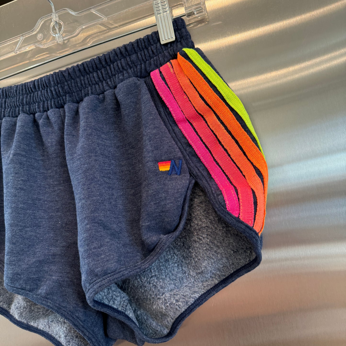 Aviator Nation 5 Stripe Jogger Shorts in Navy Blue / Neon Pink Orange Multi