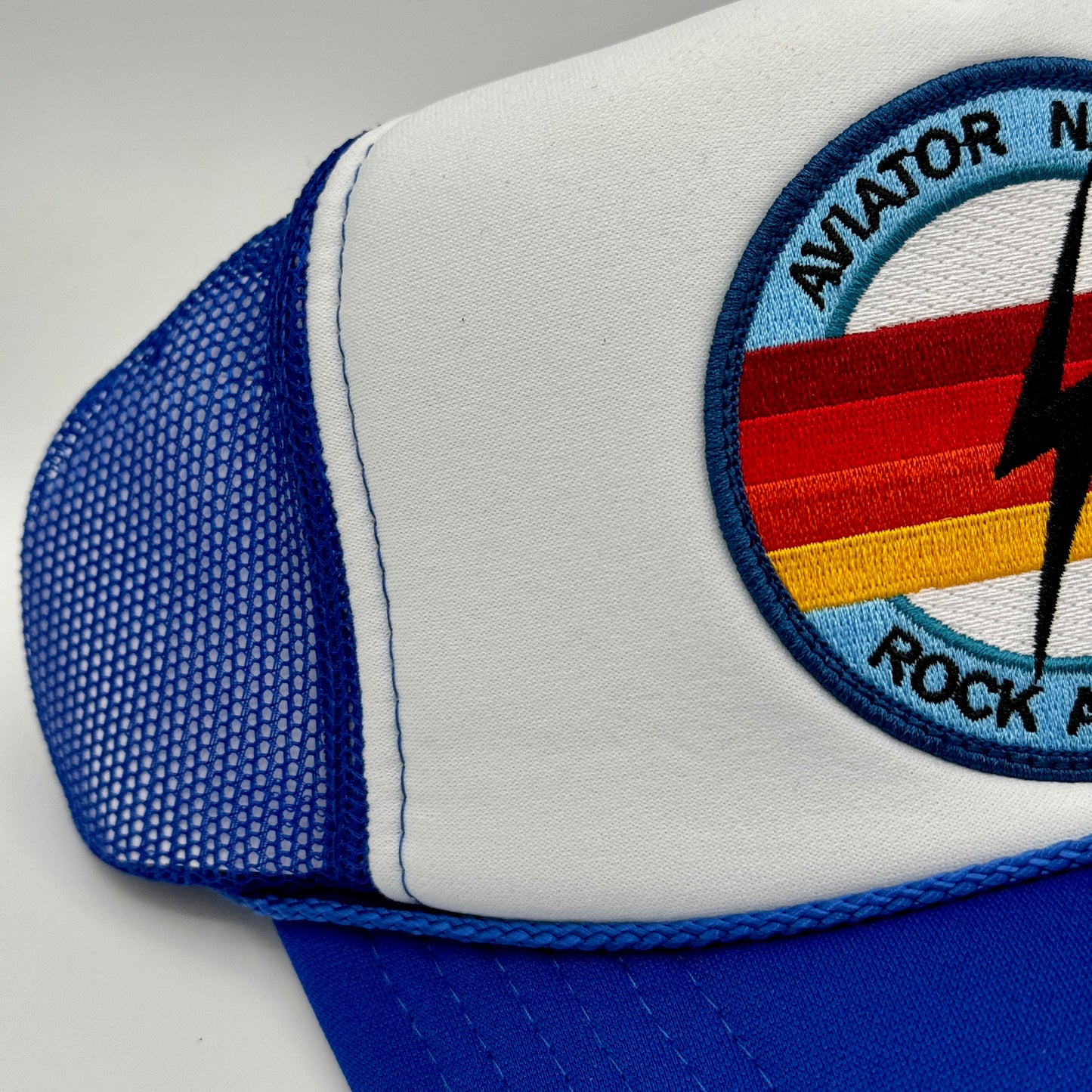 Aviator Nation Bolt Trucker Hat Royal Blue / White Rock and roll logo patch