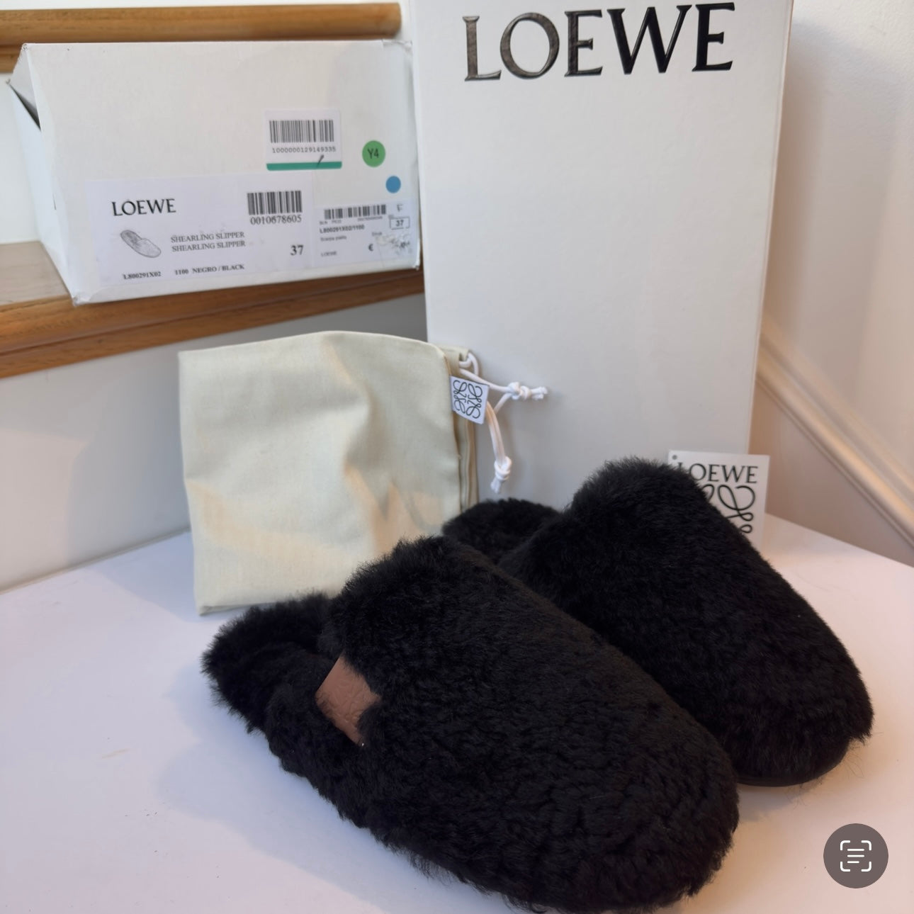 Loewe Slippers with leather anagram and black Shearling Fur , brand NEW