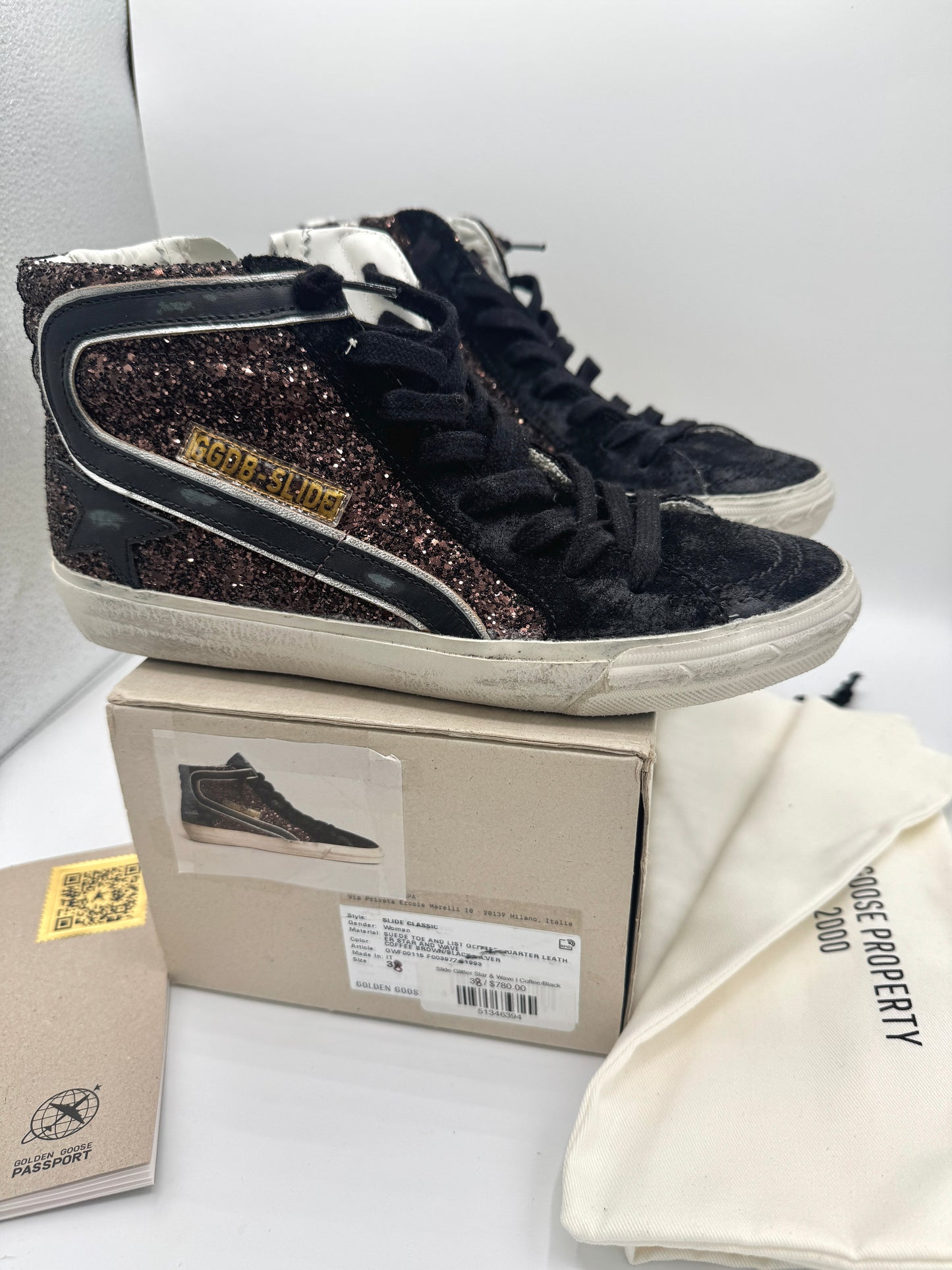 Golden Goose Sneakers Slide in Coffee / Black  Classic Star / Glitter Wave